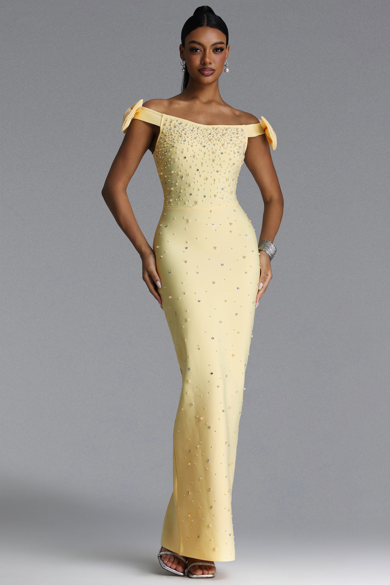 Fanny Chic Contour Off Shoulder Pearl Rhinestone Bandage Maxi Dress