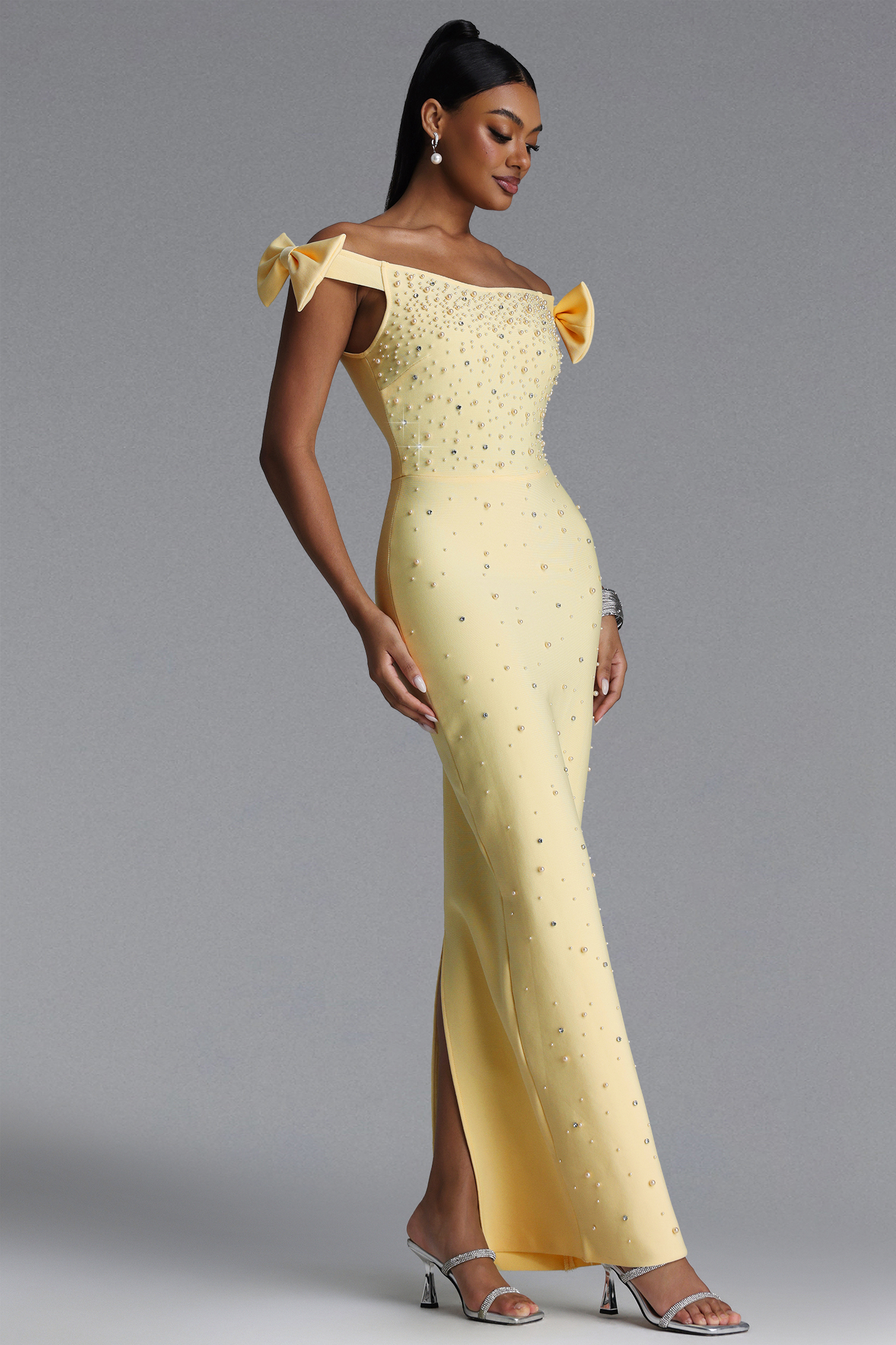 Fanny Chic Contour Off Shoulder Pearl Rhinestone Bandage Maxi Dress