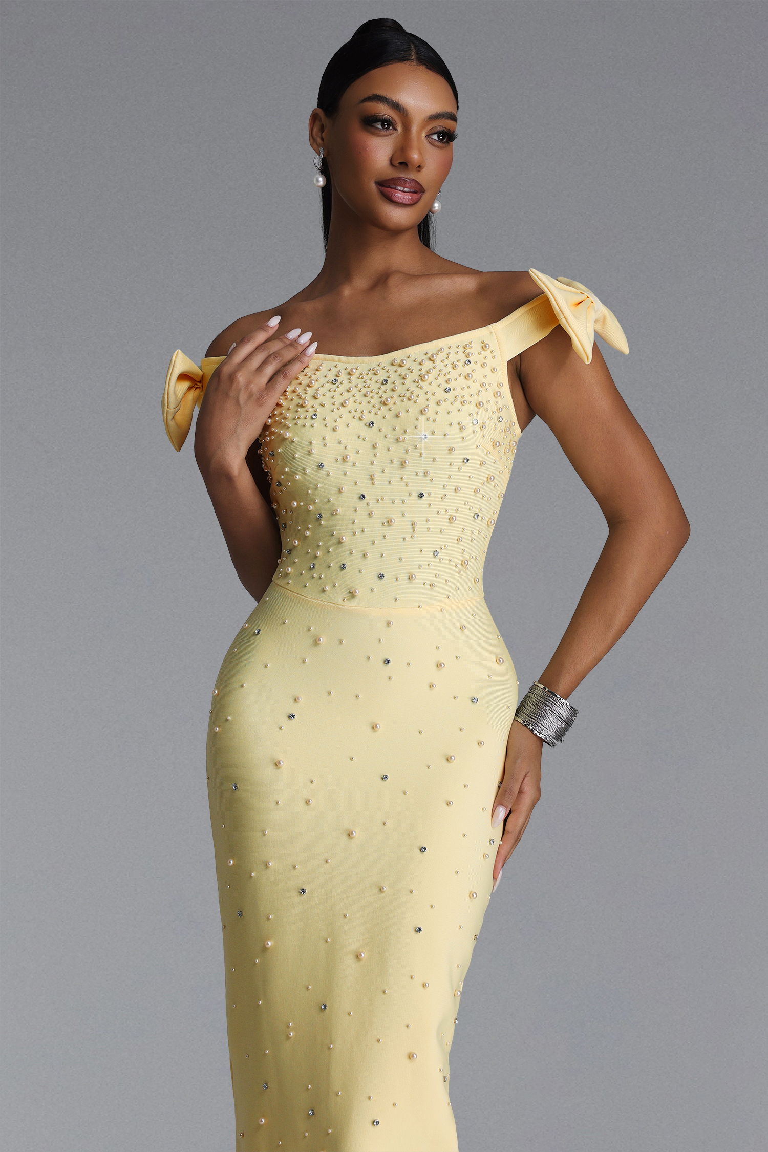 Fanny Chic Contour Off Shoulder Pearl Rhinestone Bandage Maxi Dress