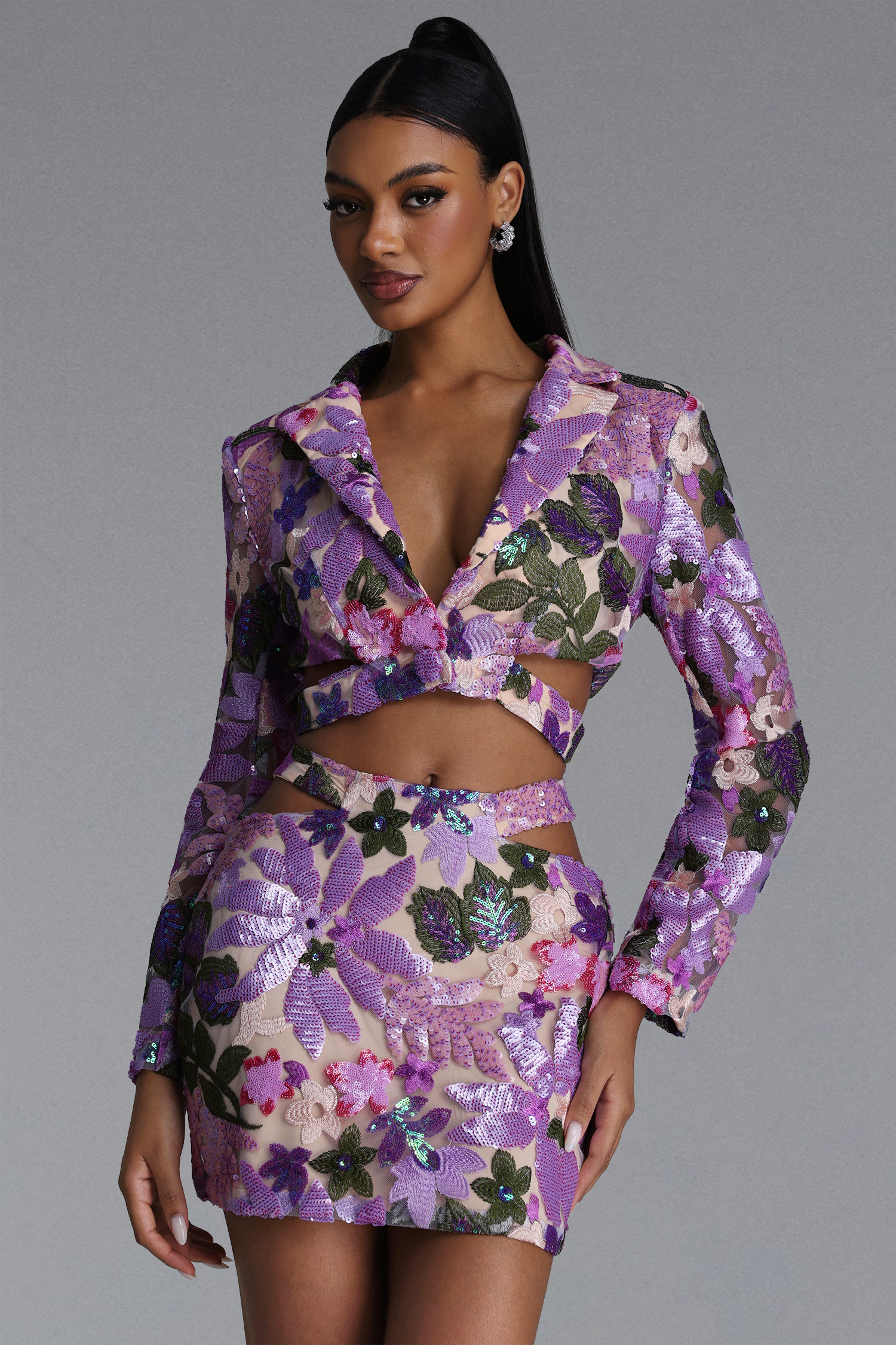 Yarera Romantic Tailored Sequin Floral Blazer and Skirt Set