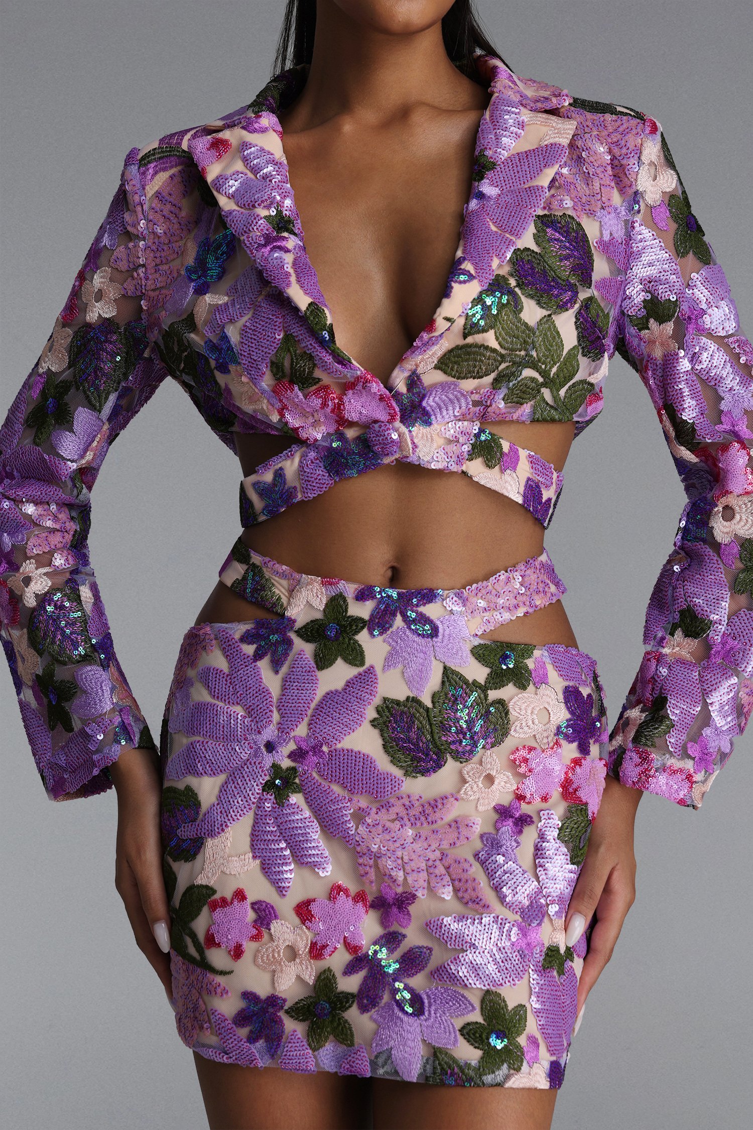Yarera Romantic Tailored Sequin Floral Blazer and Skirt Set