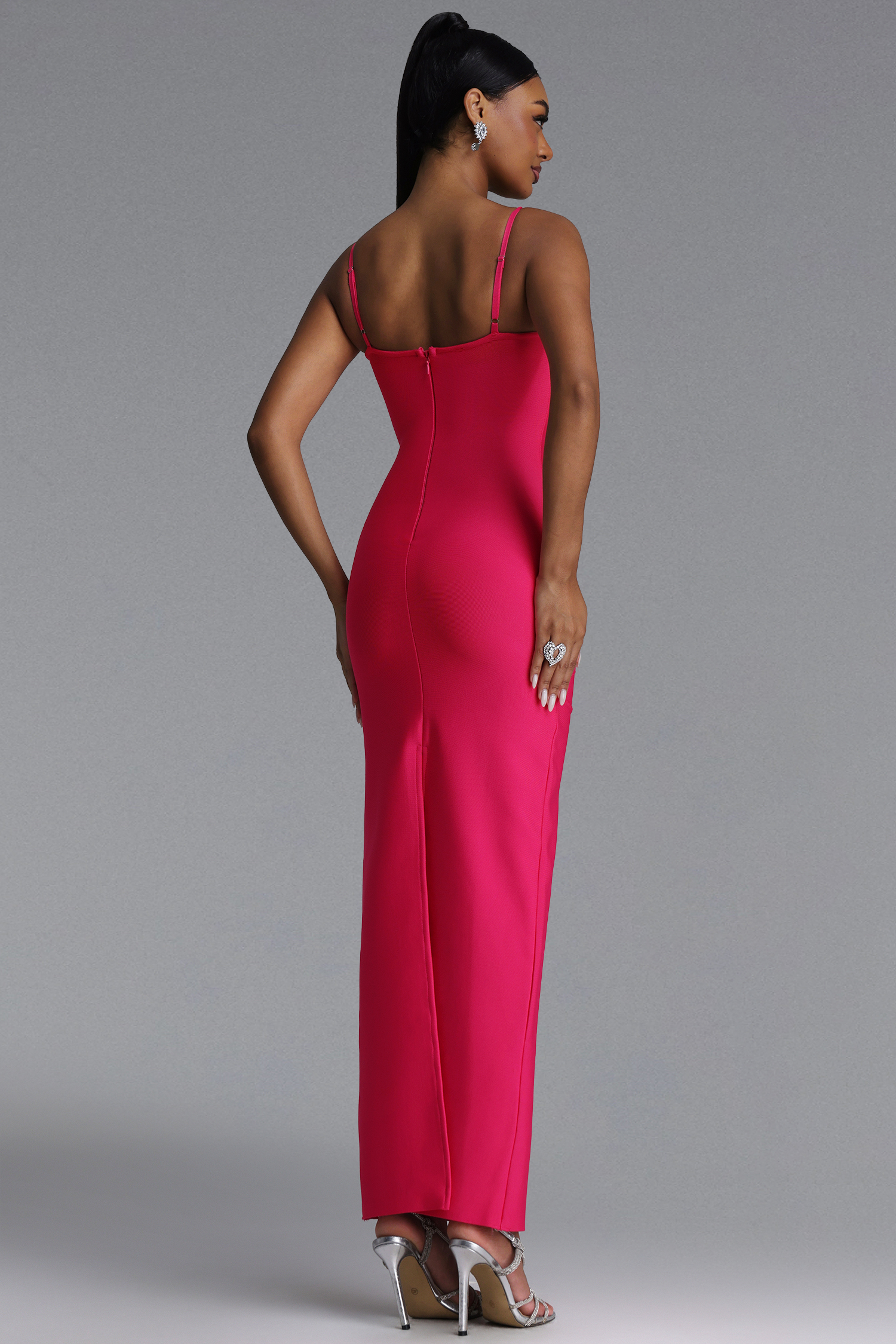 Mota Romantic Contour Halter V Neck Rhinestone Bandage Maxi Dress