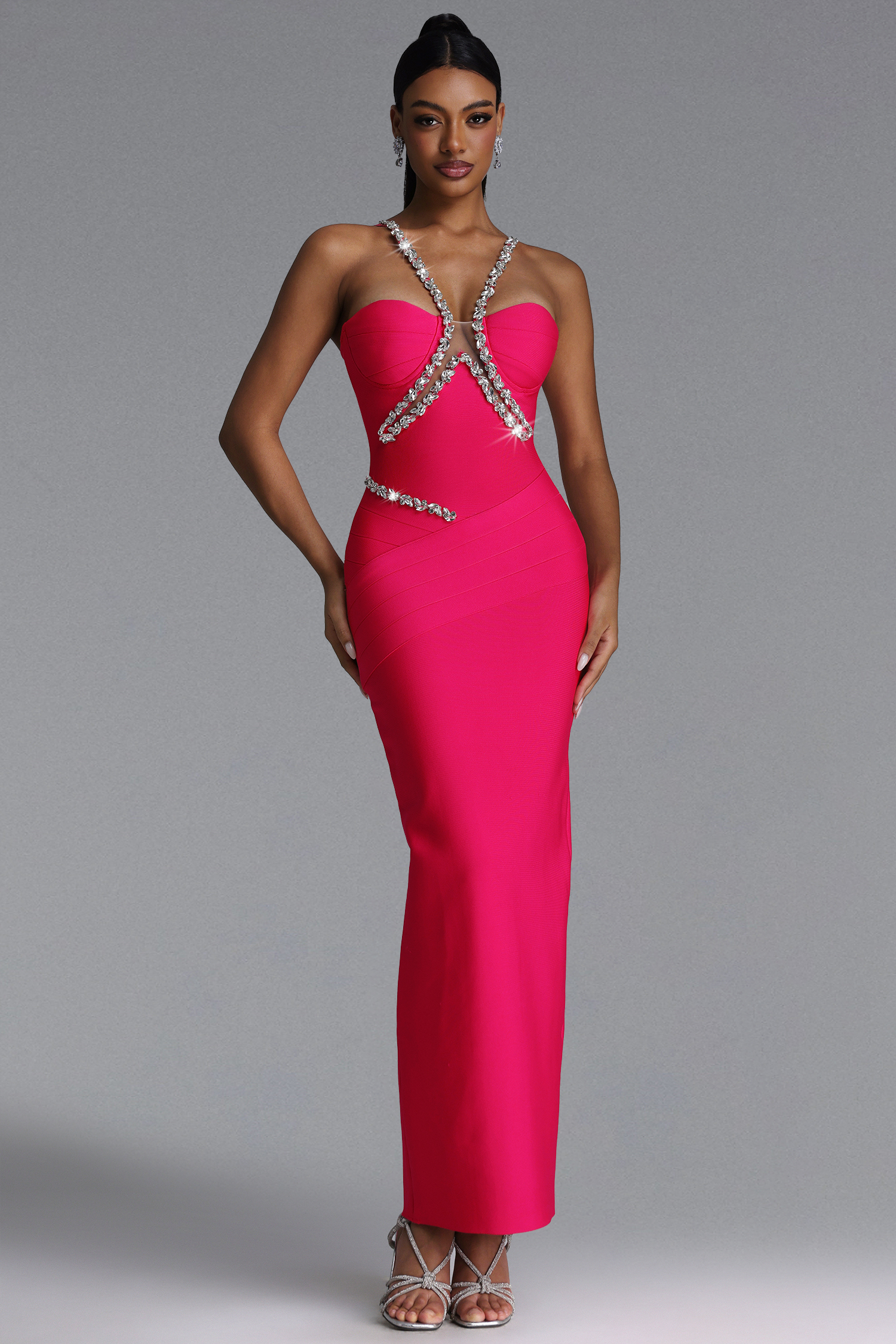 Mota Romantic Contour Halter V Neck Rhinestone Bandage Maxi Dress