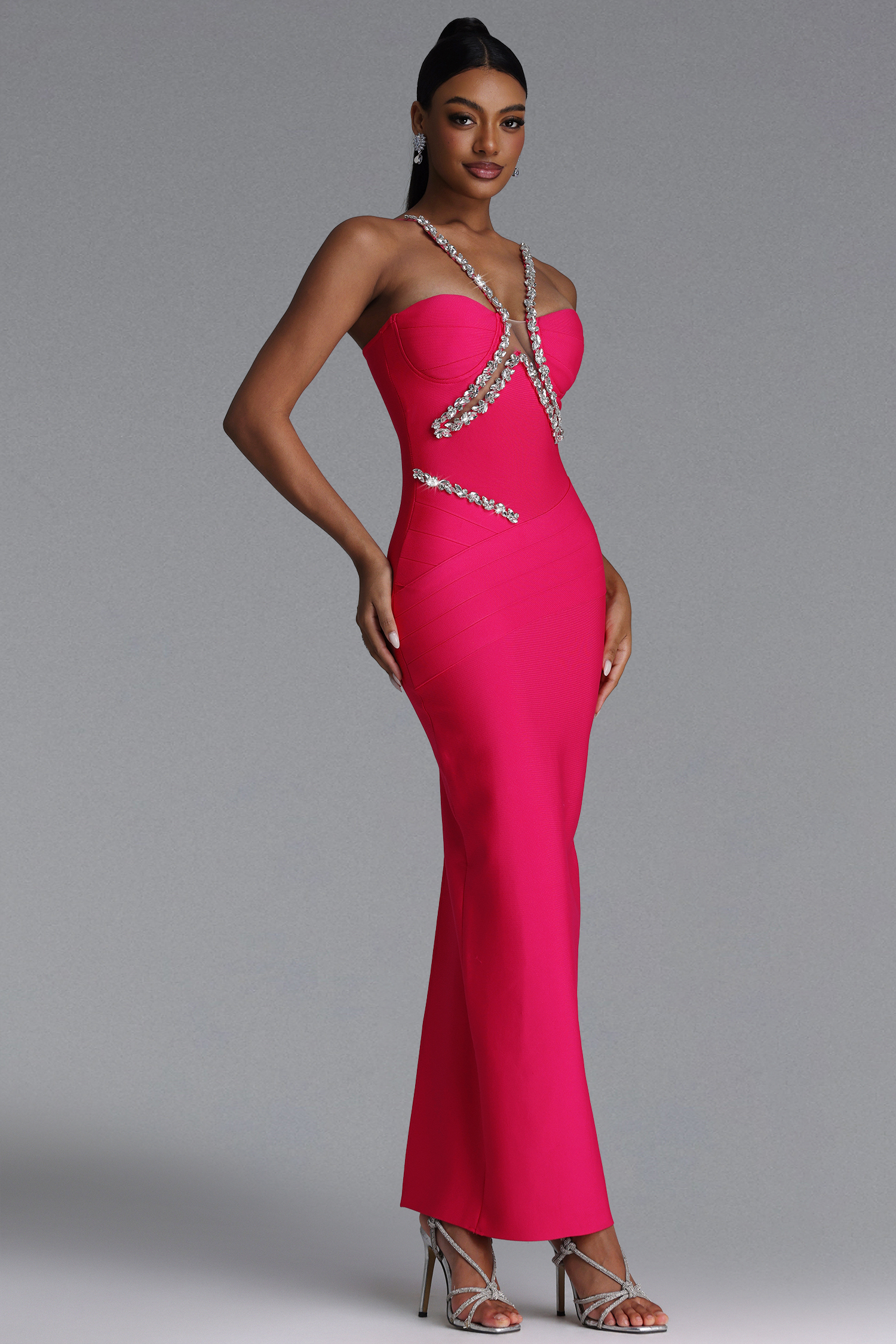 Mota Romantic Contour Halter V Neck Rhinestone Bandage Maxi Dress