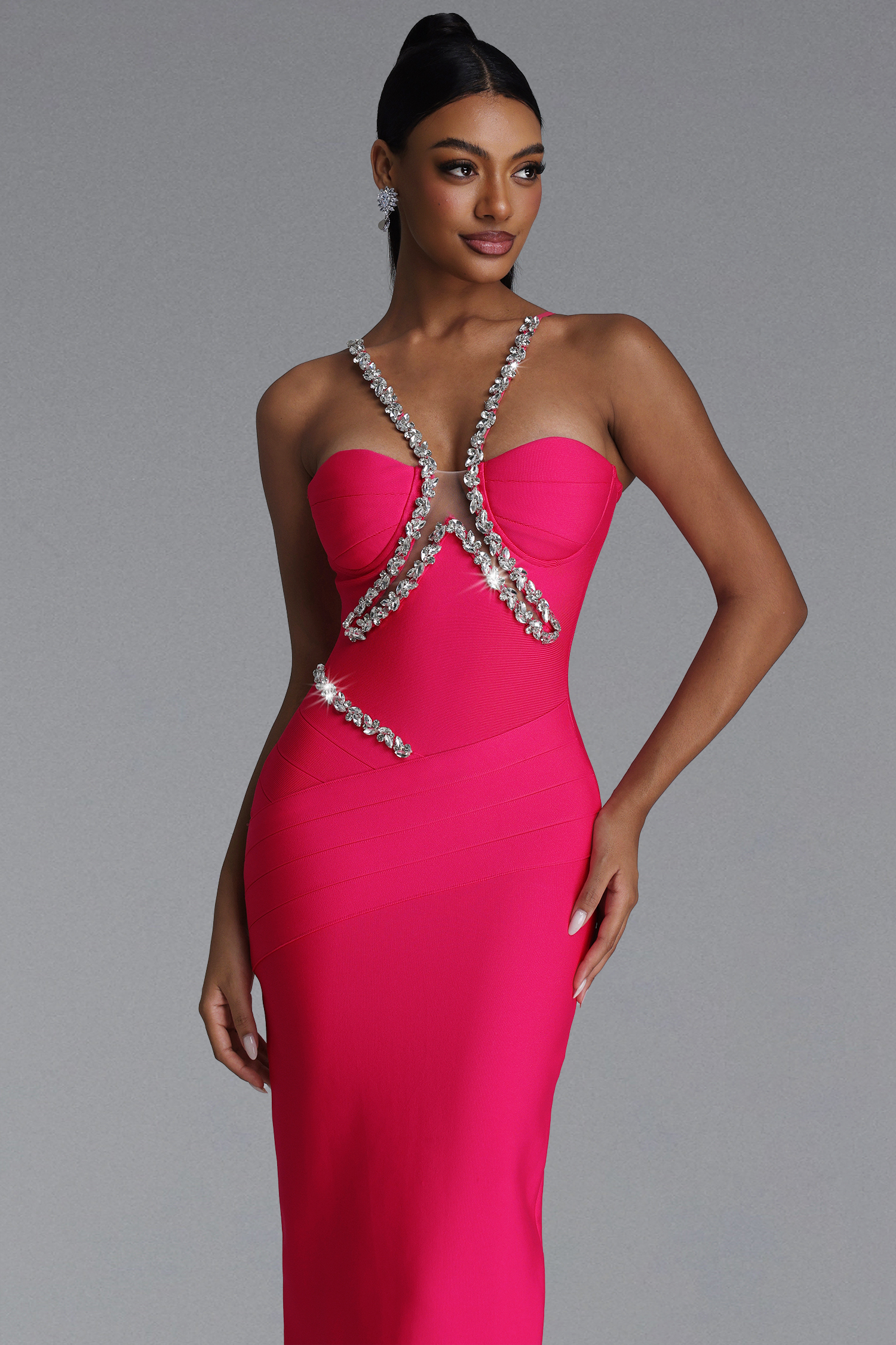 Mota Romantic Contour Halter V Neck Rhinestone Bandage Maxi Dress