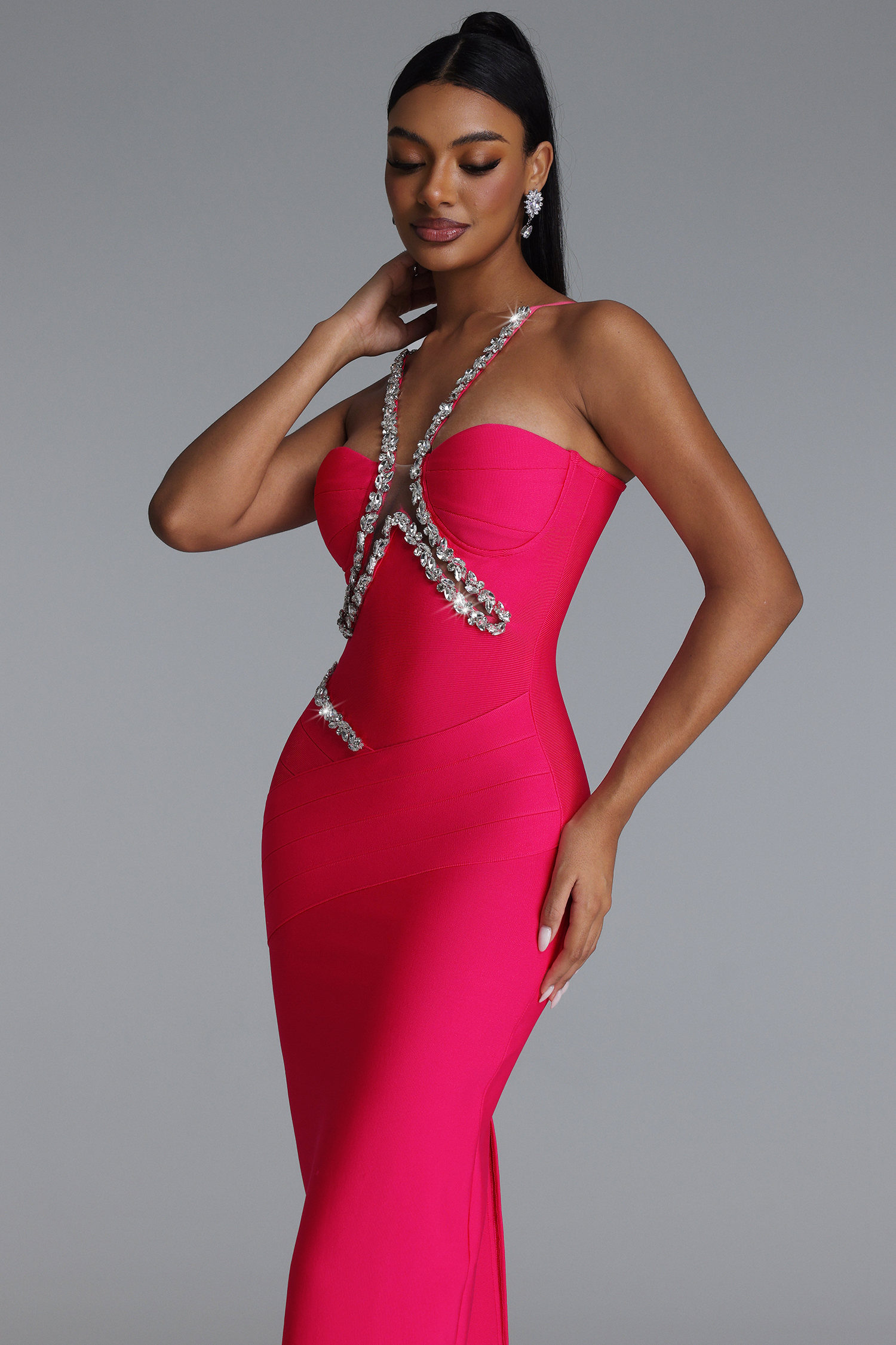 Mota Romantic Contour Halter V Neck Rhinestone Bandage Maxi Dress