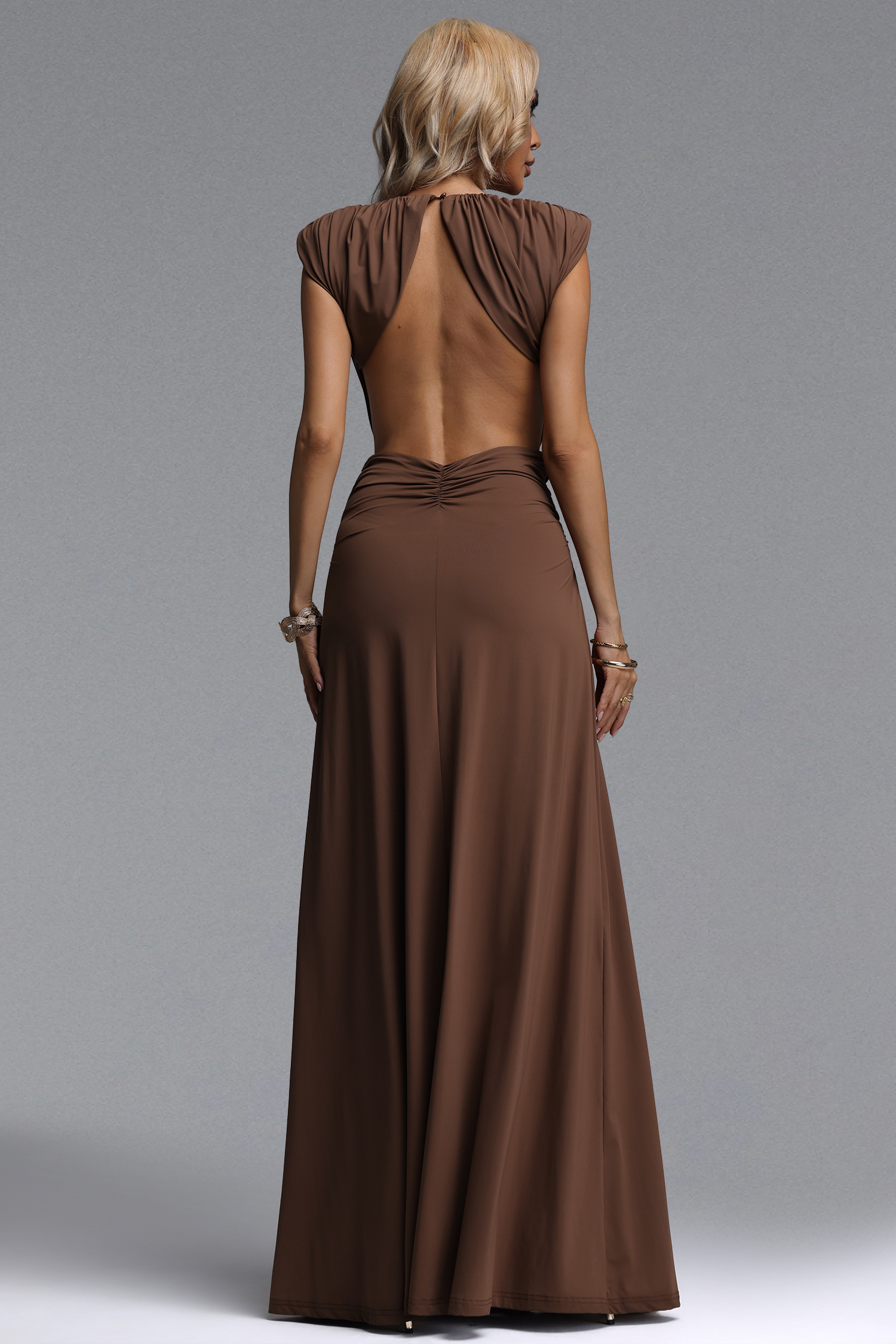 Rosi Chic Contour Sleeveless V Neck Ruched Maxi Dress