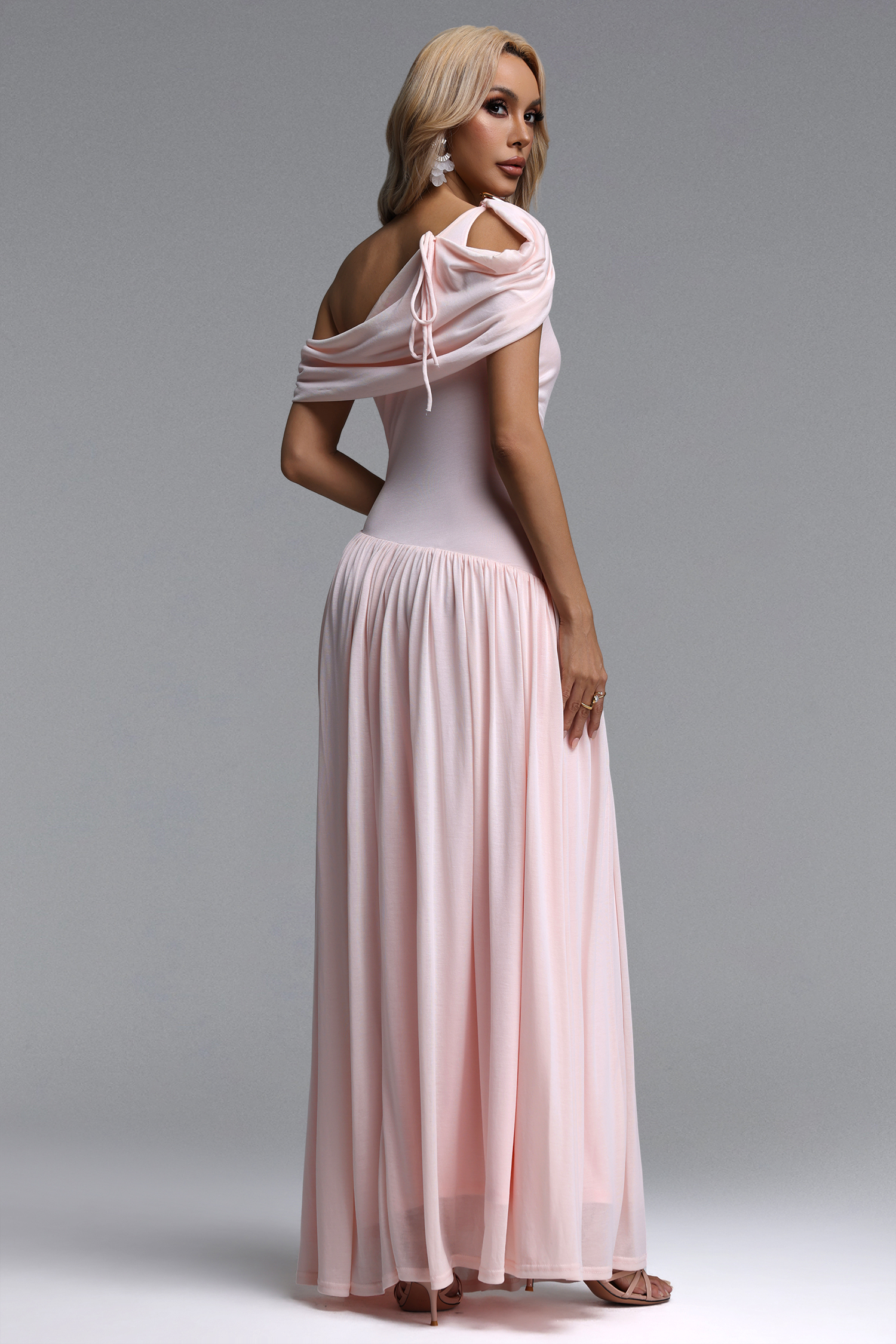 Salina Elegant Contour Sleeveless Asymmetric Cut Out Ruched Pink Knit Maxi Dress