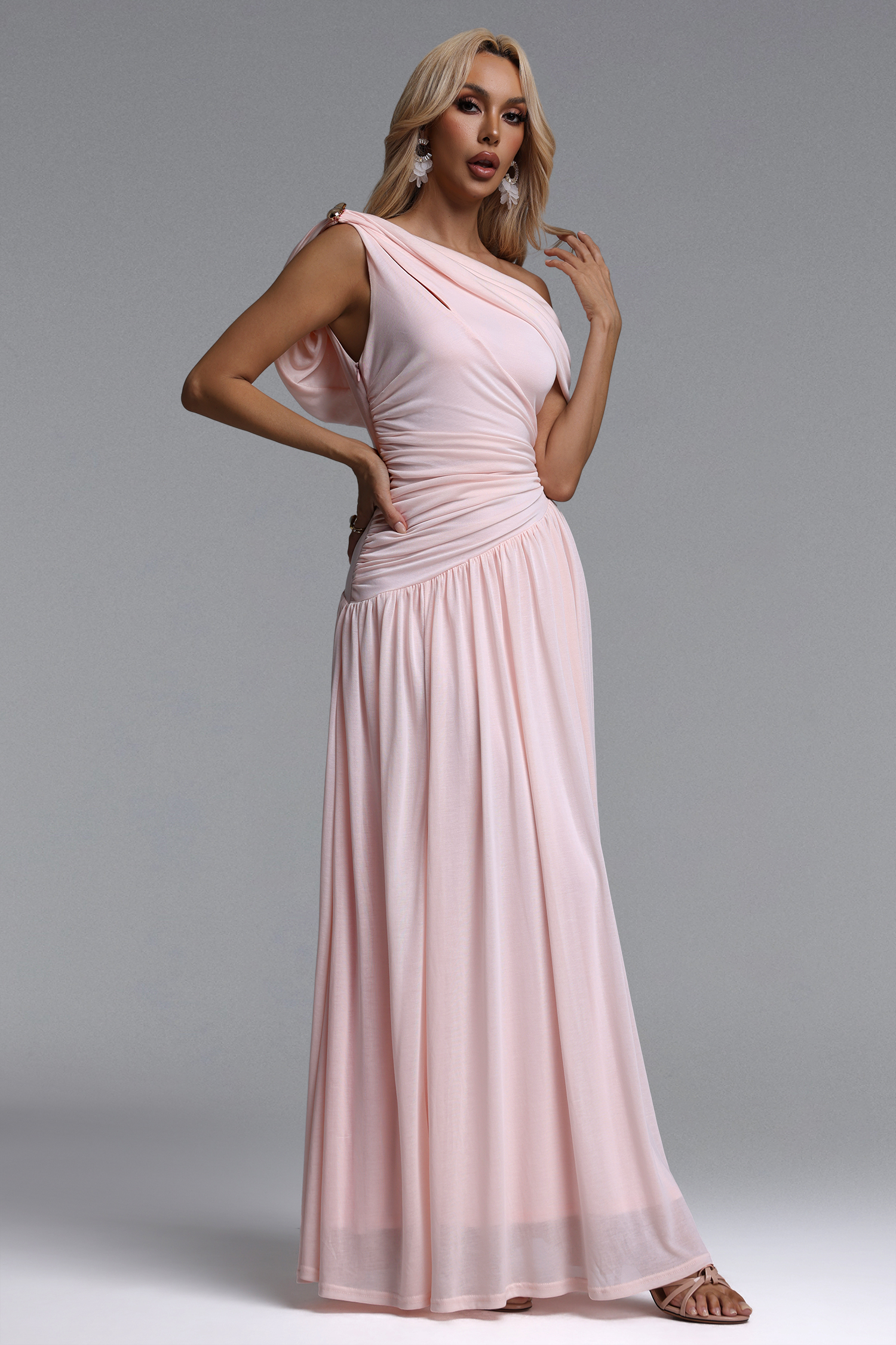 Salina Elegant Contour Sleeveless Asymmetric Cut Out Ruched Pink Knit Maxi Dress