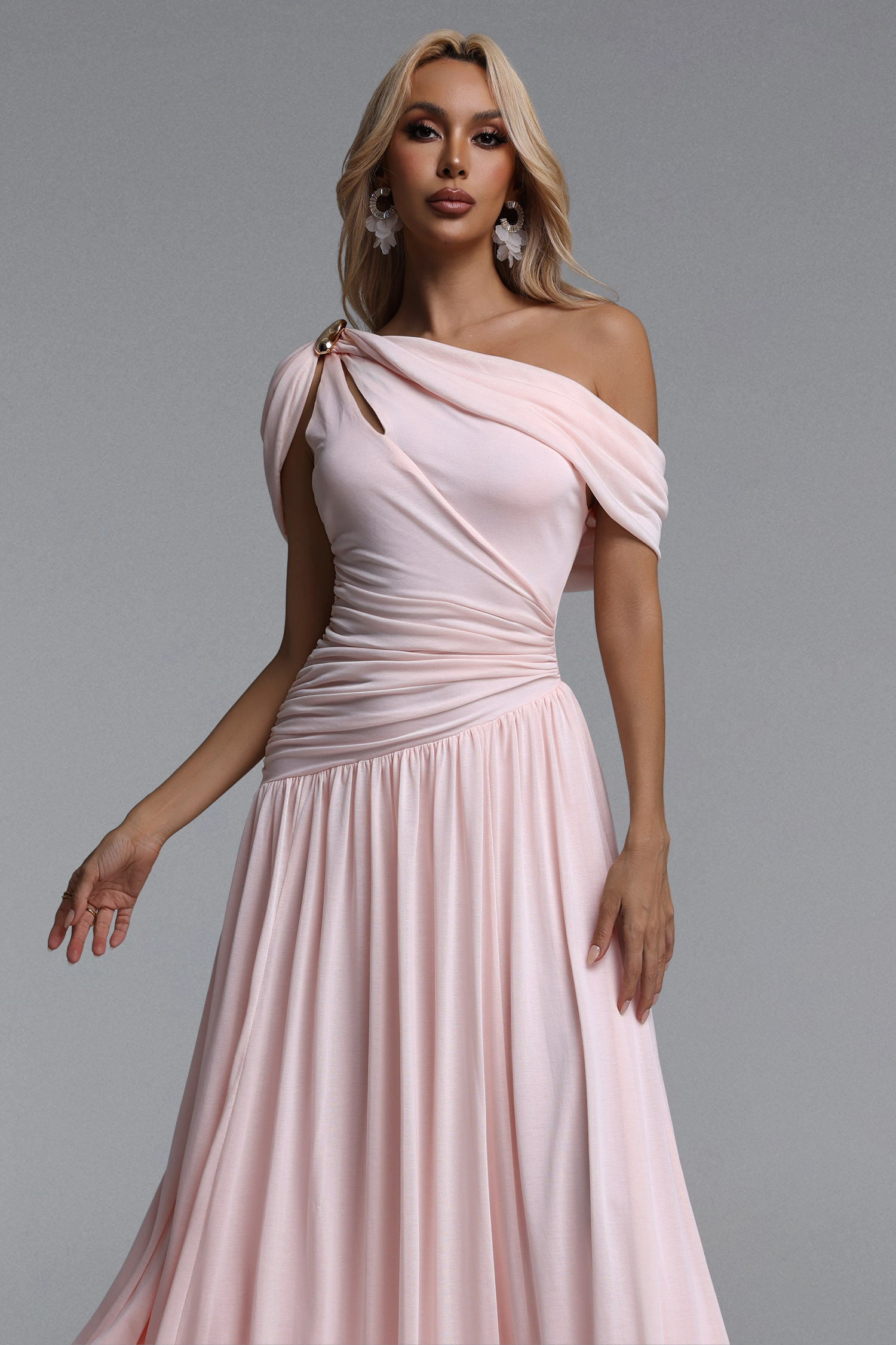 Salina Elegant Contour Sleeveless Asymmetric Cut Out Ruched Pink Knit Maxi Dress