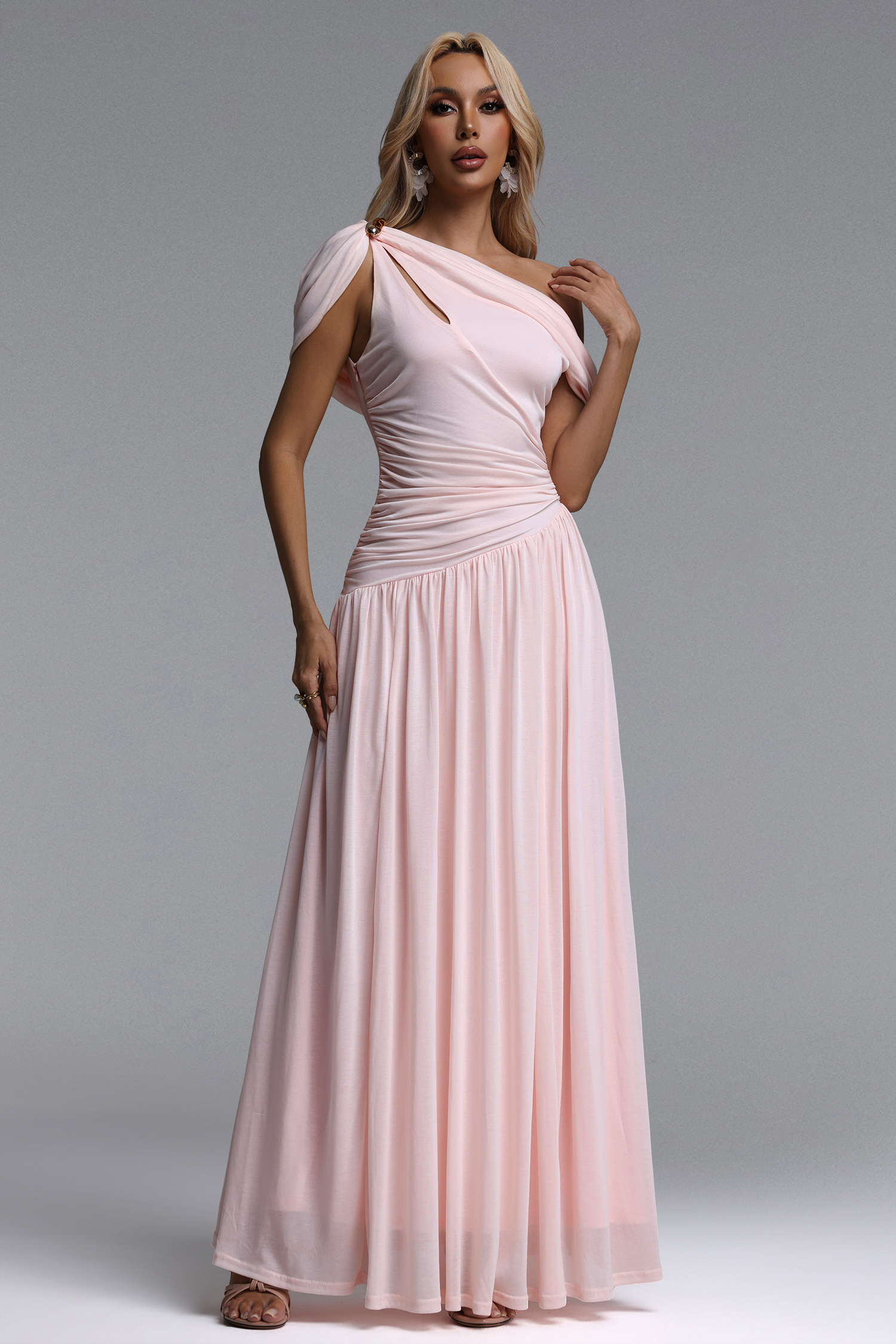 Salina Elegant Contour Sleeveless Asymmetric Cut Out Ruched Pink Knit Maxi Dress