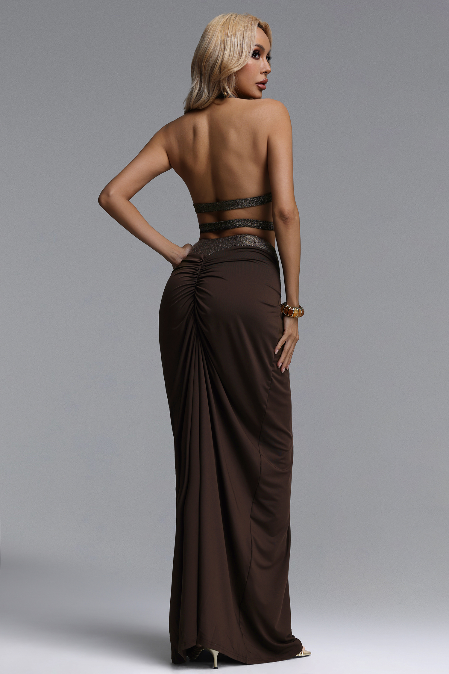 Salerio Sexy Flowy Halter V Neck Cut Out Ruched Top and Skirt Set