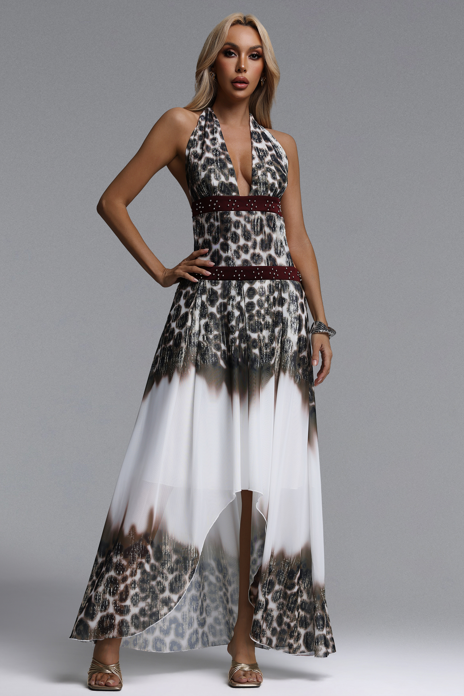 Hlasa Chic Flowy Halter V Neck Beaded Leopard Print Maxi Dress