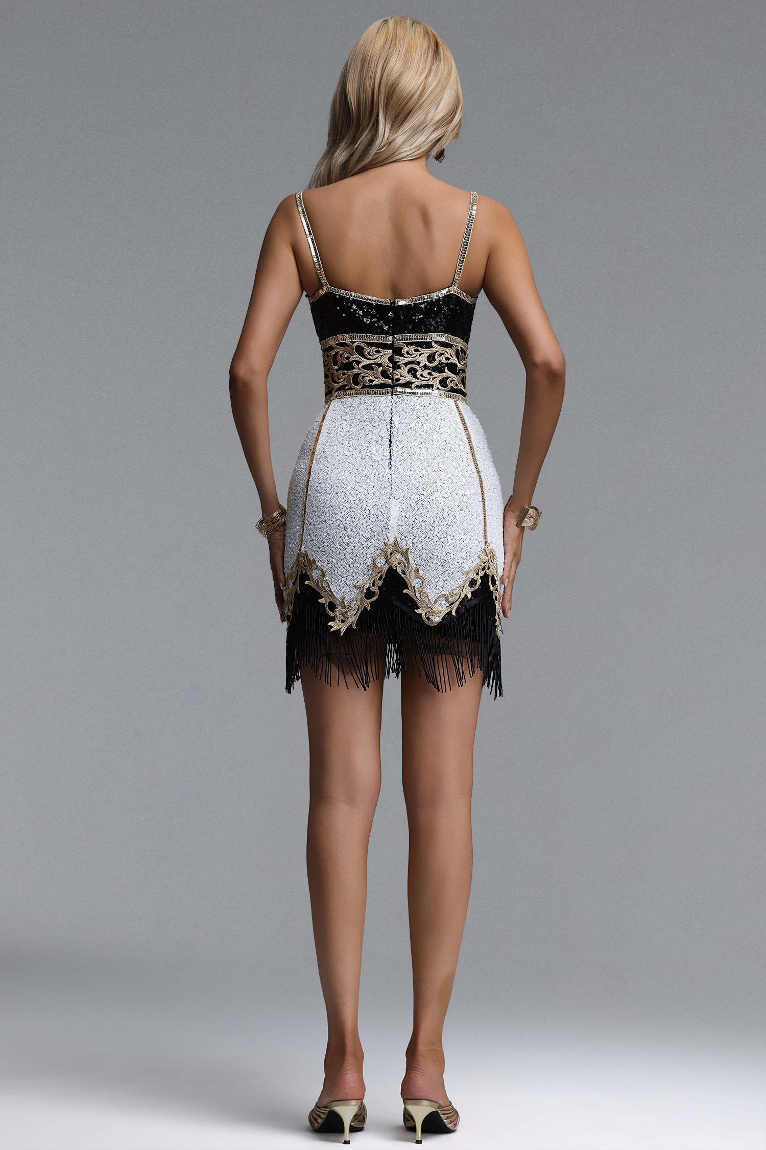 Deme Glamorous Contour Fringe Contrast Sequin Mini Dress