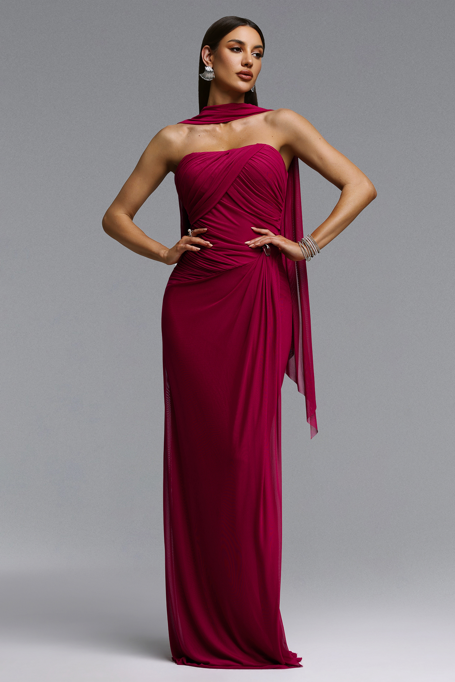 Yuma Elegant Flowy Strapless Cape Ruched Maxi Dress