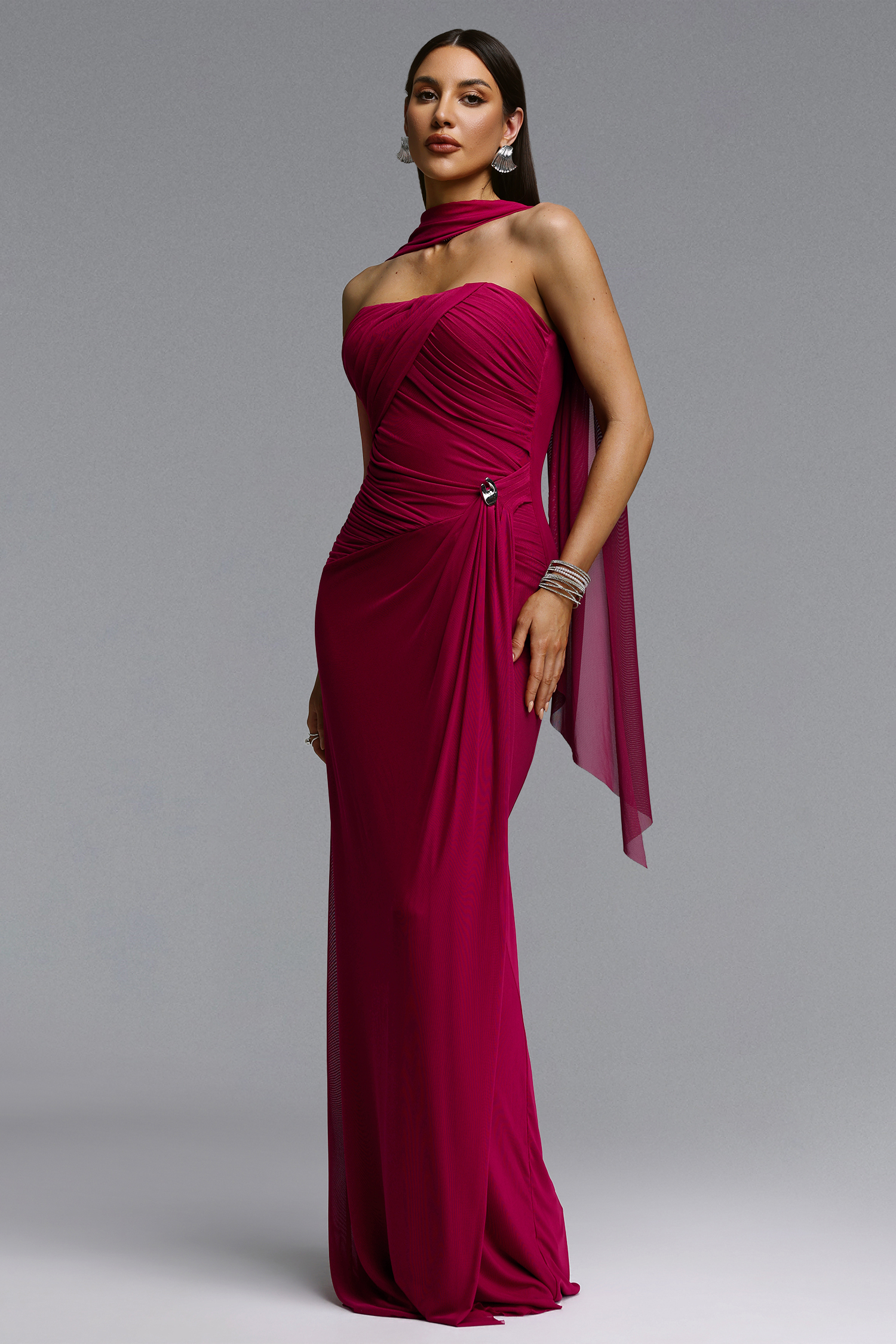 Yuma Elegant Flowy Strapless Cape Ruched Maxi Dress