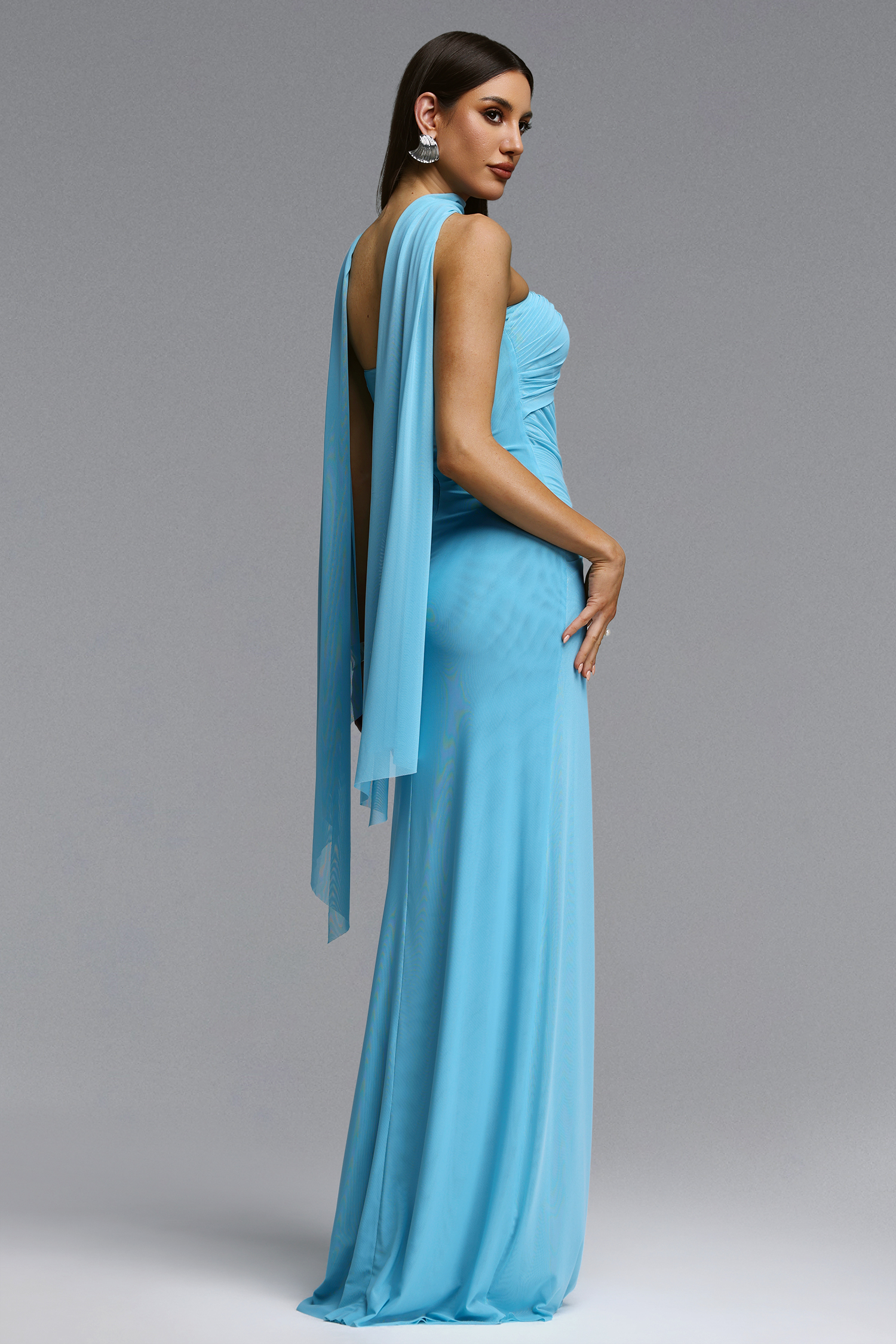 Gwen Elegant Flowy Strapless Ruched Mesh Maxi Dress