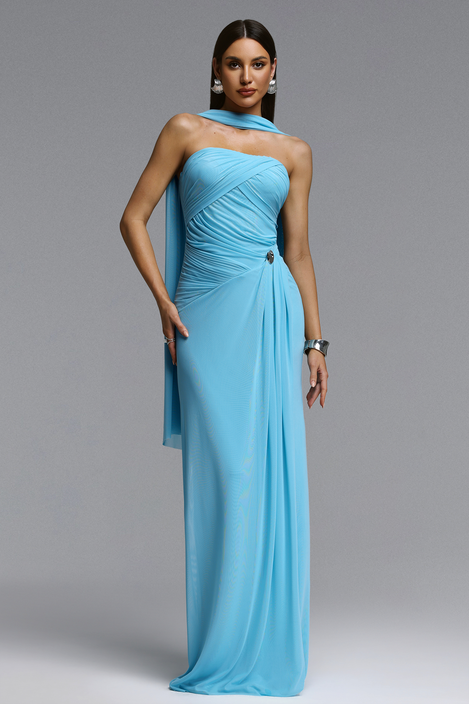 Gwen Elegant Flowy Strapless Ruched Mesh Maxi Dress