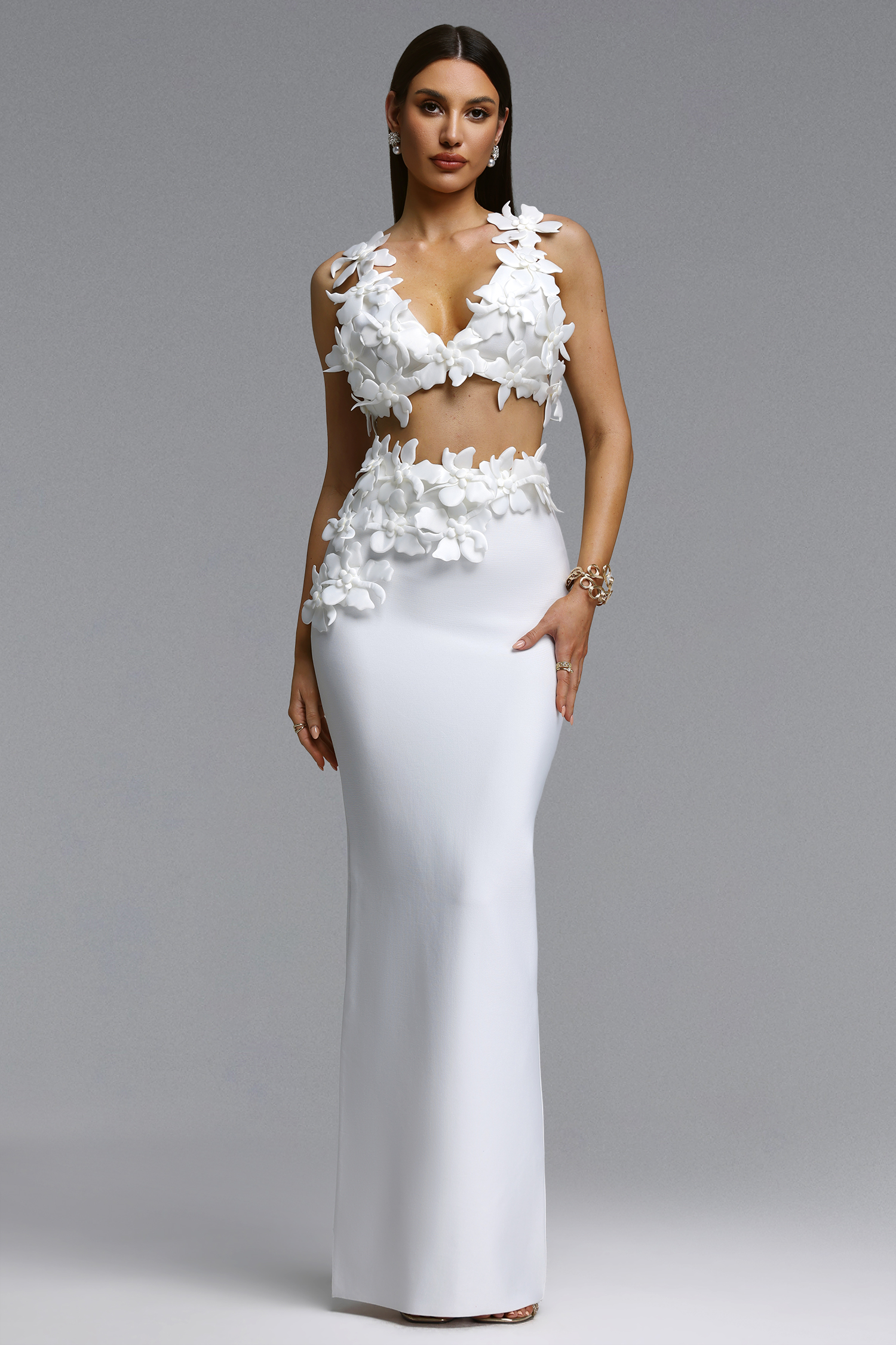 Kavasa Chic Contour V Neck Floral Bandage Top and Skirt Set
