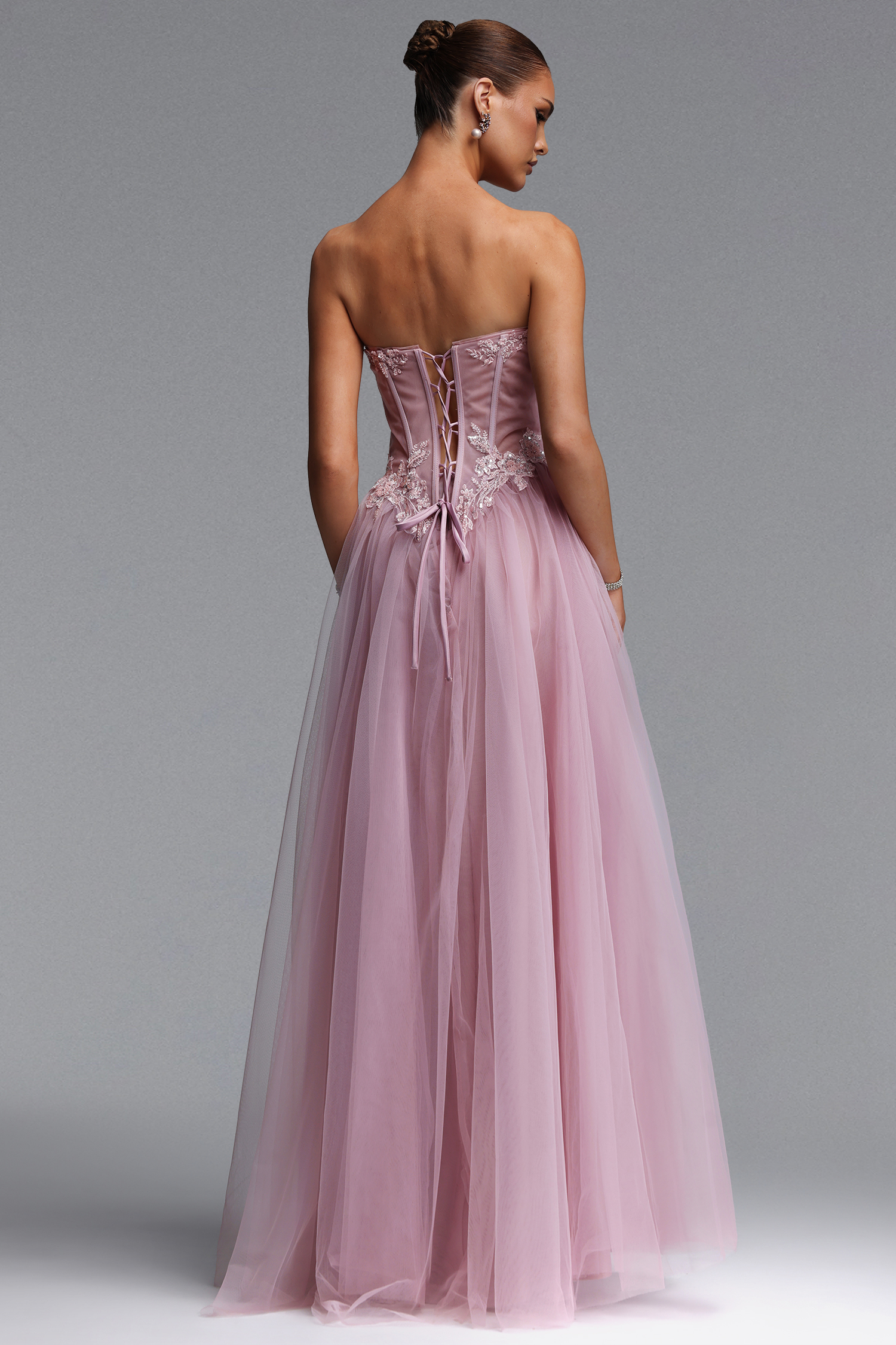 Lerae Romantic Tailored Strapless Embellished Tulle Maxi Dress