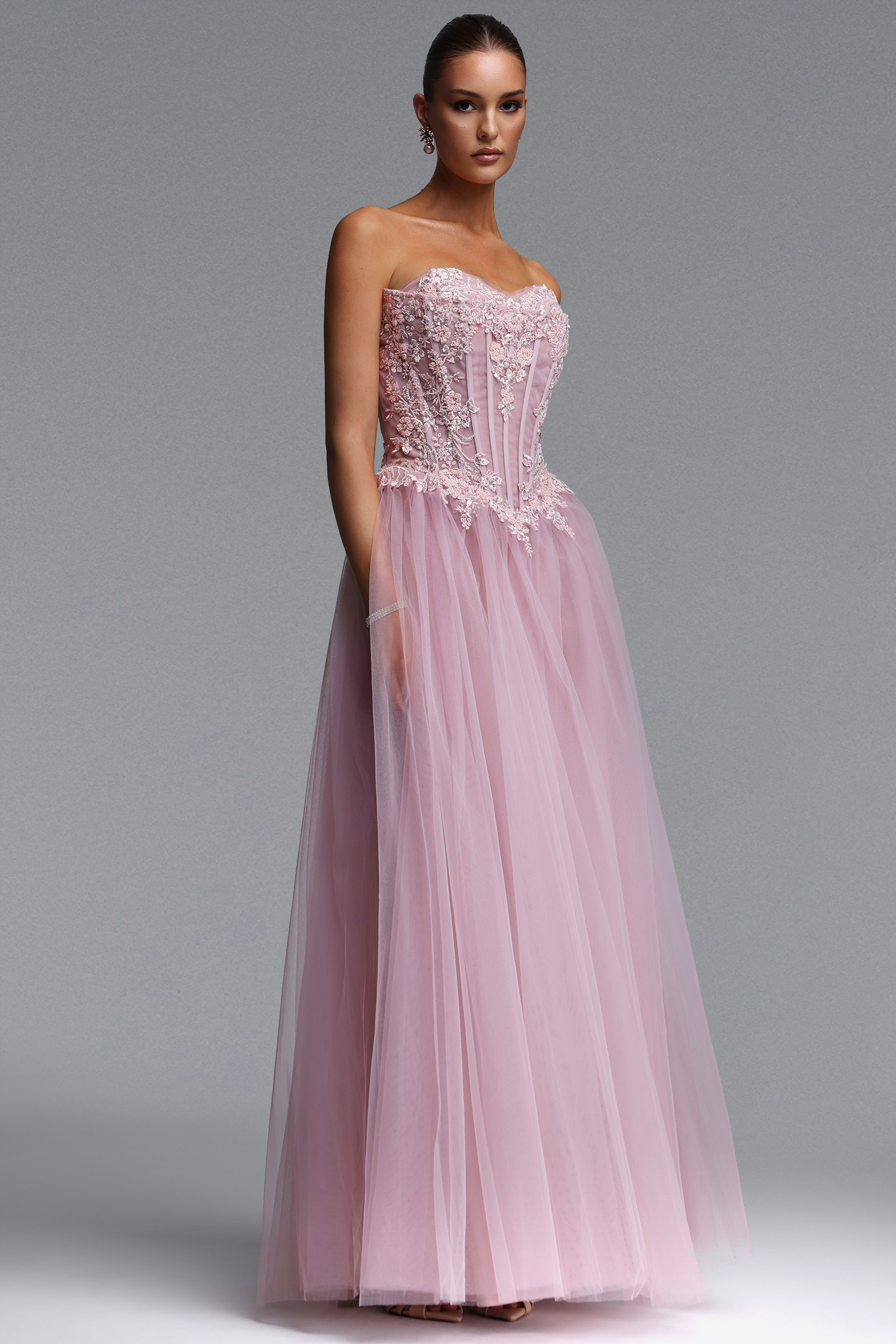 Lerae Romantic Tailored Strapless Embellished Tulle Maxi Dress