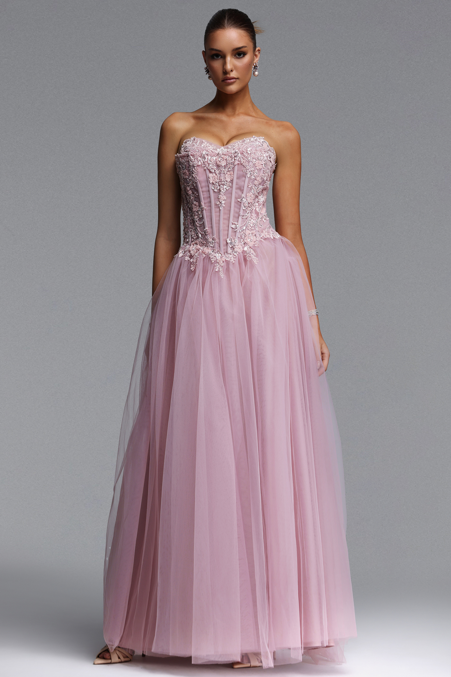 Lerae Romantic Tailored Strapless Embellished Tulle Maxi Dress