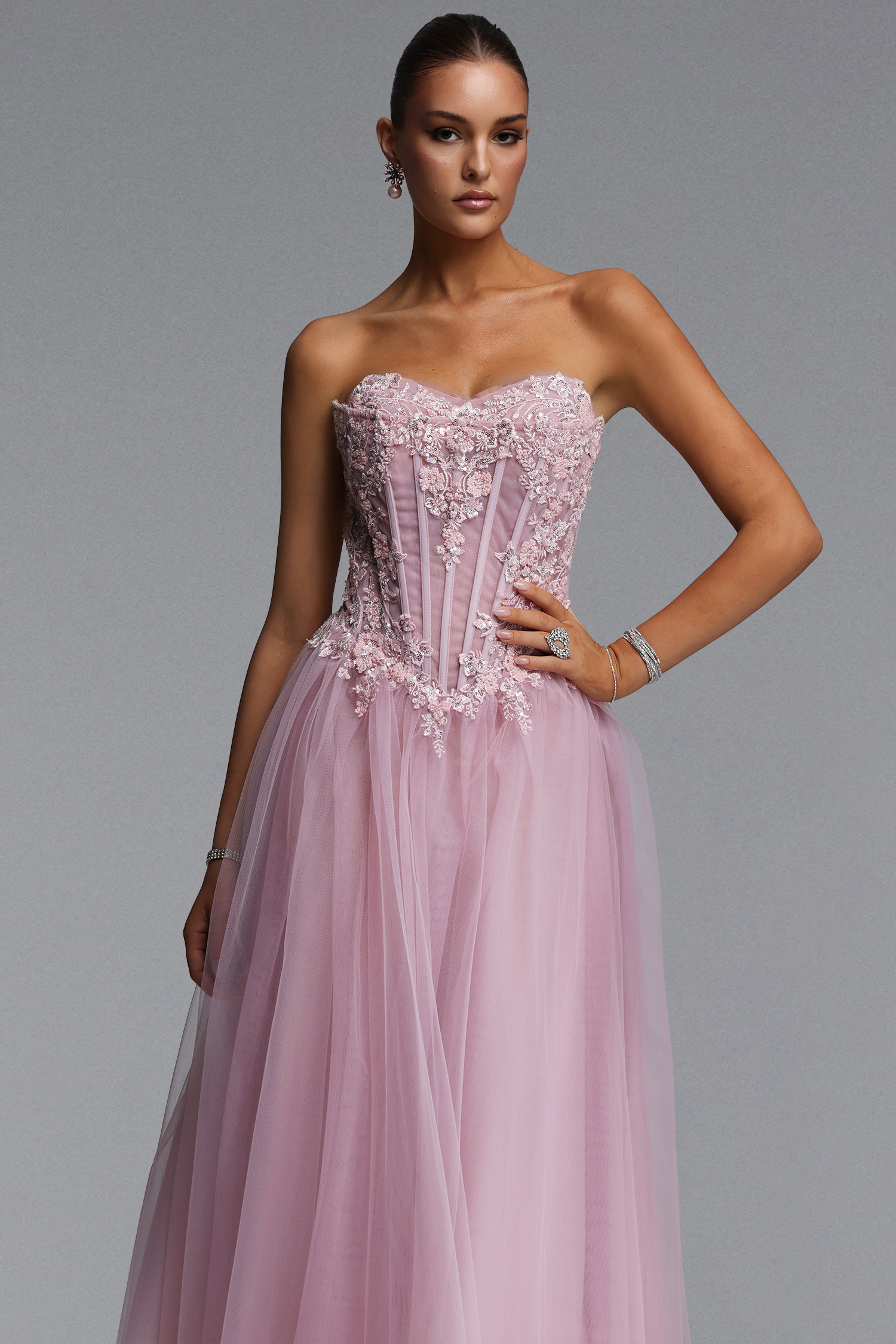 Lerae Romantic Tailored Strapless Embellished Tulle Maxi Dress