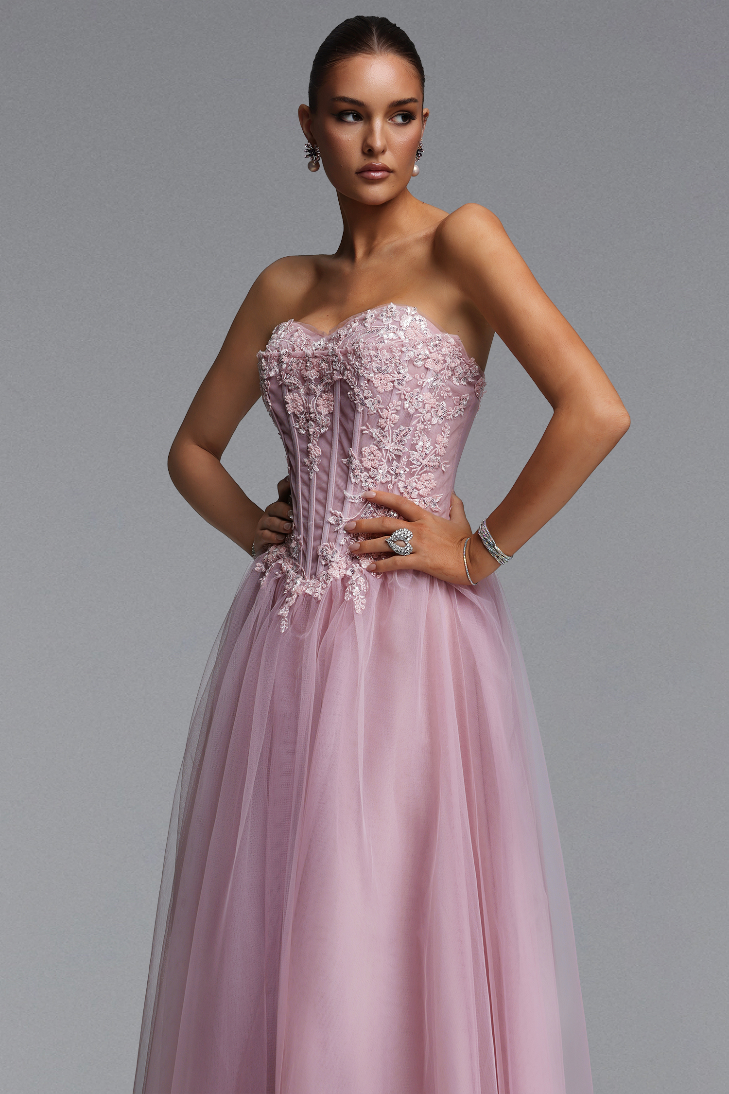 Lerae Romantic Tailored Strapless Embellished Tulle Maxi Dress