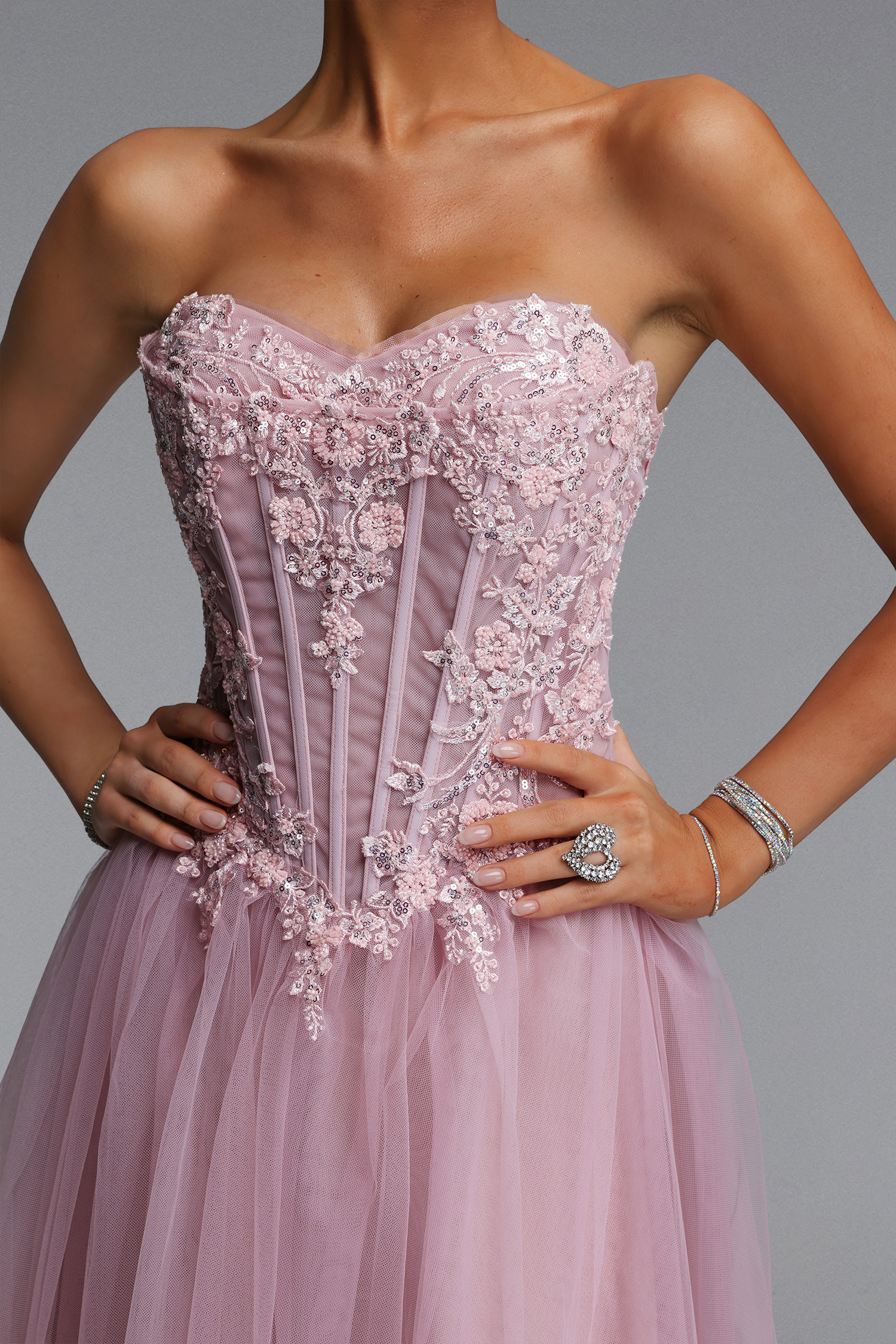Lerae Romantic Tailored Strapless Embellished Tulle Maxi Dress