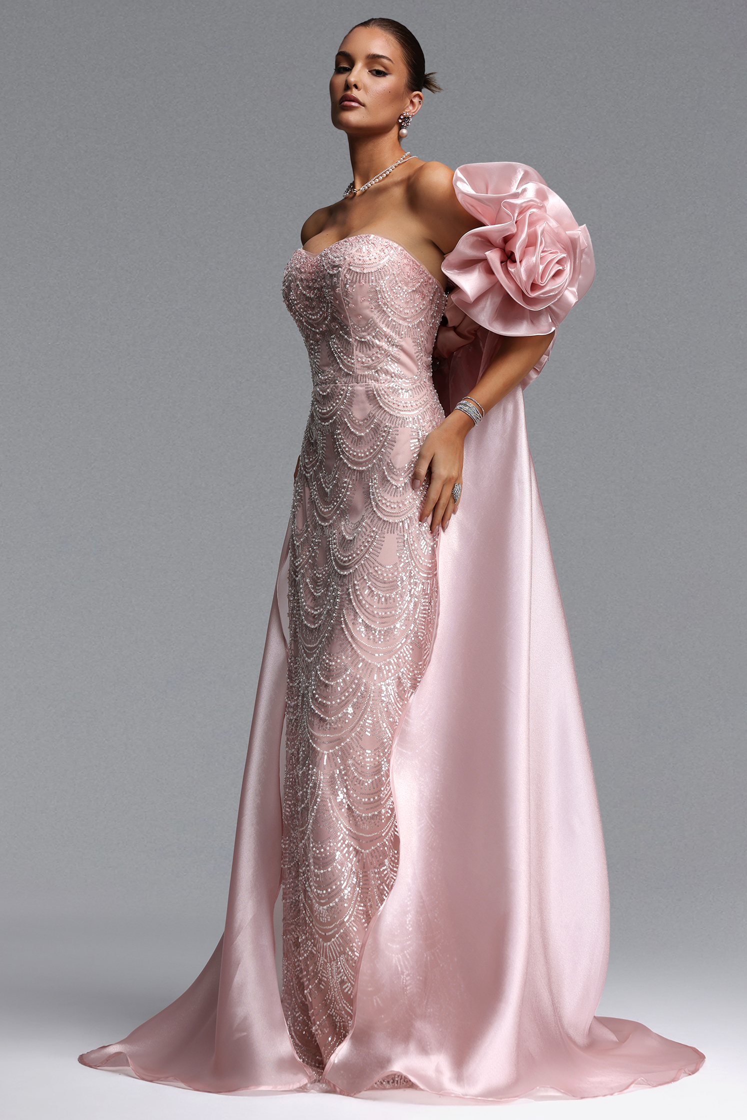 Nancy Romantic Contour Off Shoulder Embellished Maxi Dress