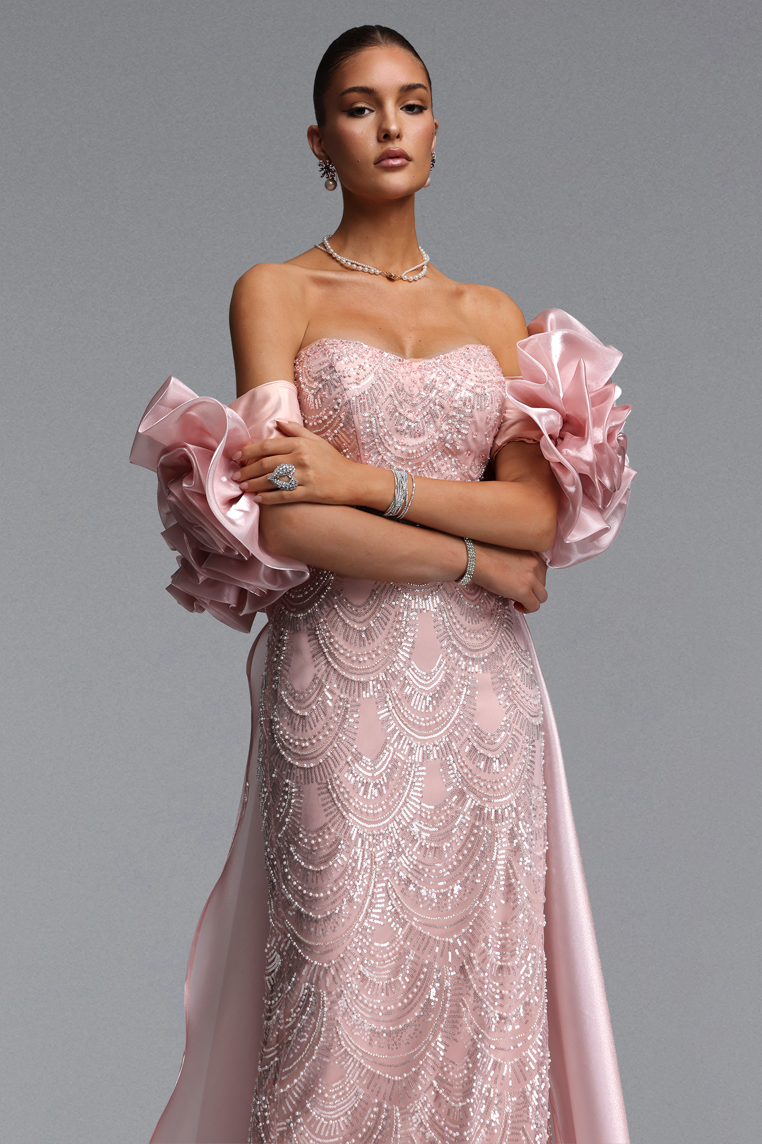 Nancy Romantic Contour Off Shoulder Embellished Maxi Dress