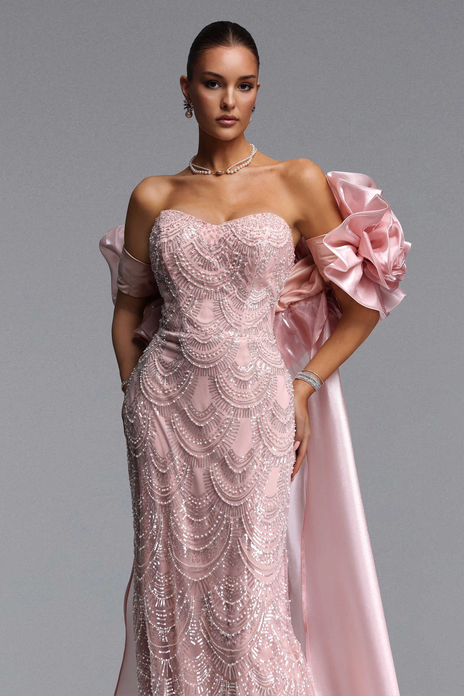 Nancy Romantic Contour Off Shoulder Embellished Maxi Dress