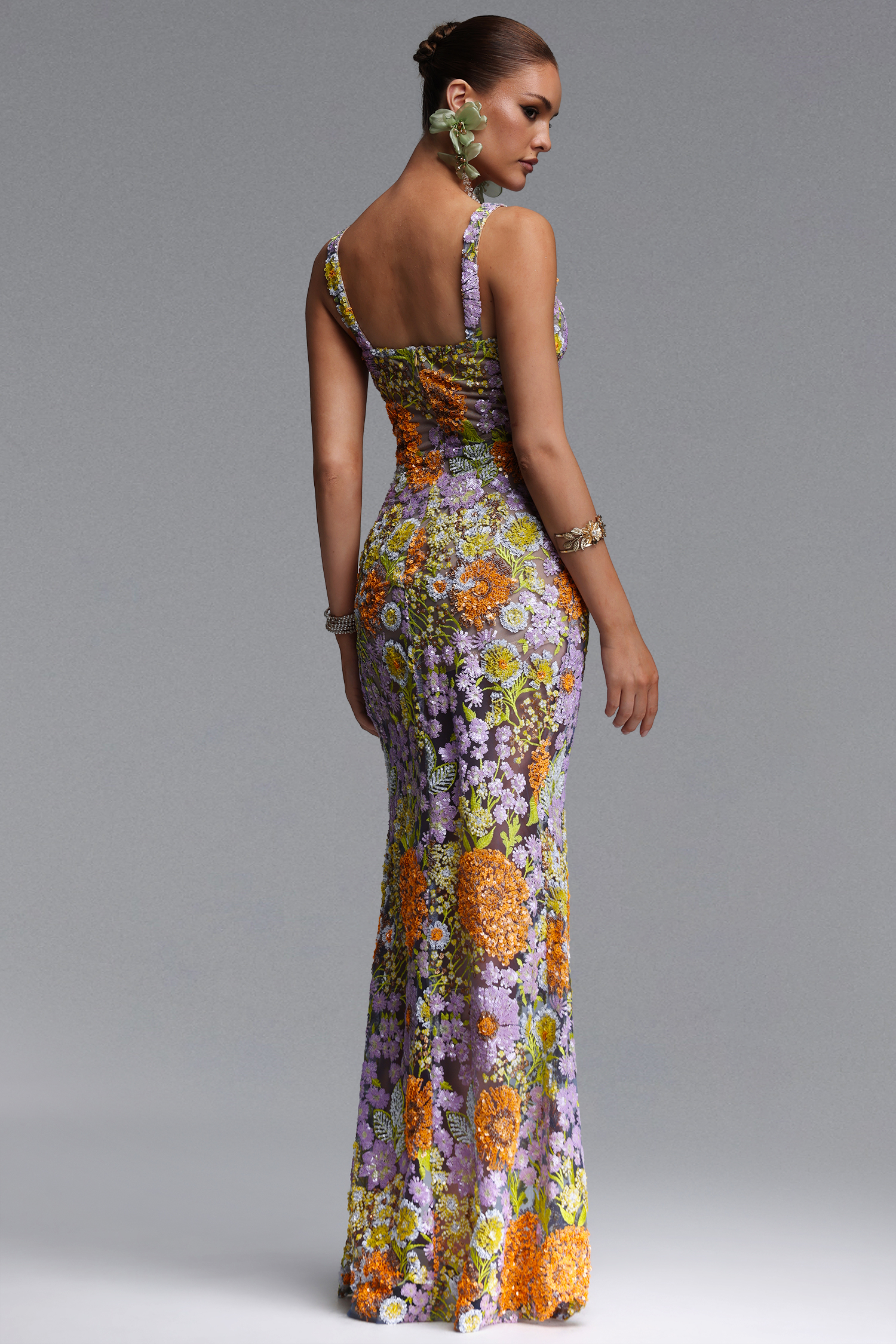 Larina Romantic Embellished Sequin Floral High Slit Maxi Dress