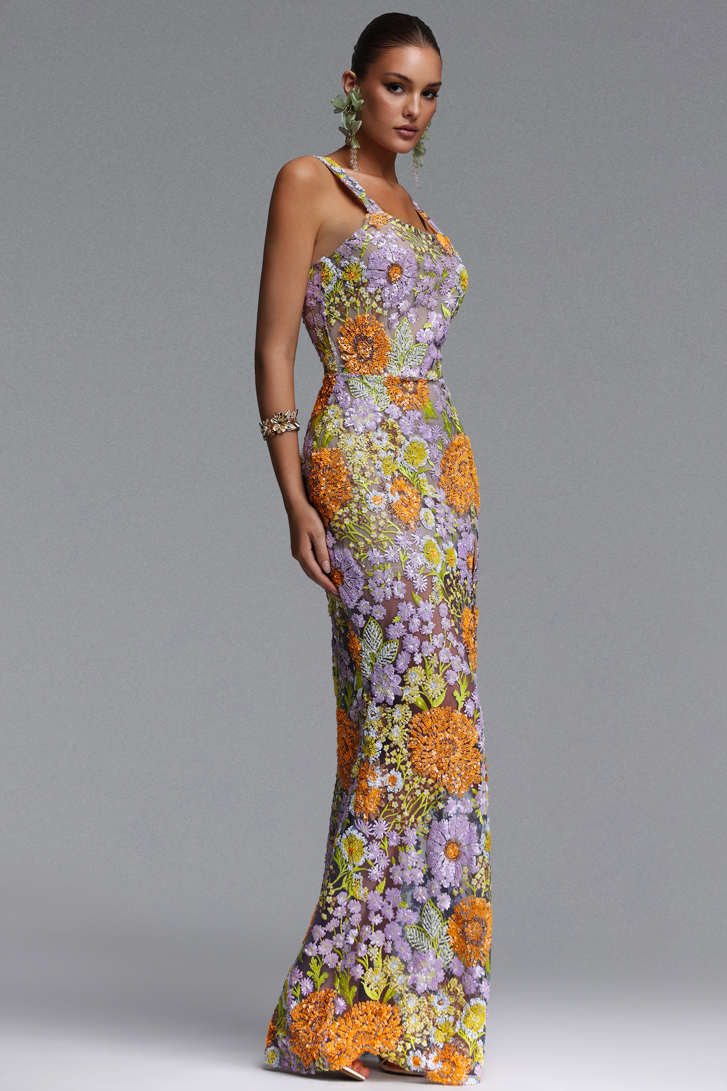 Larina Romantic Embellished Sequin Floral High Slit Maxi Dress