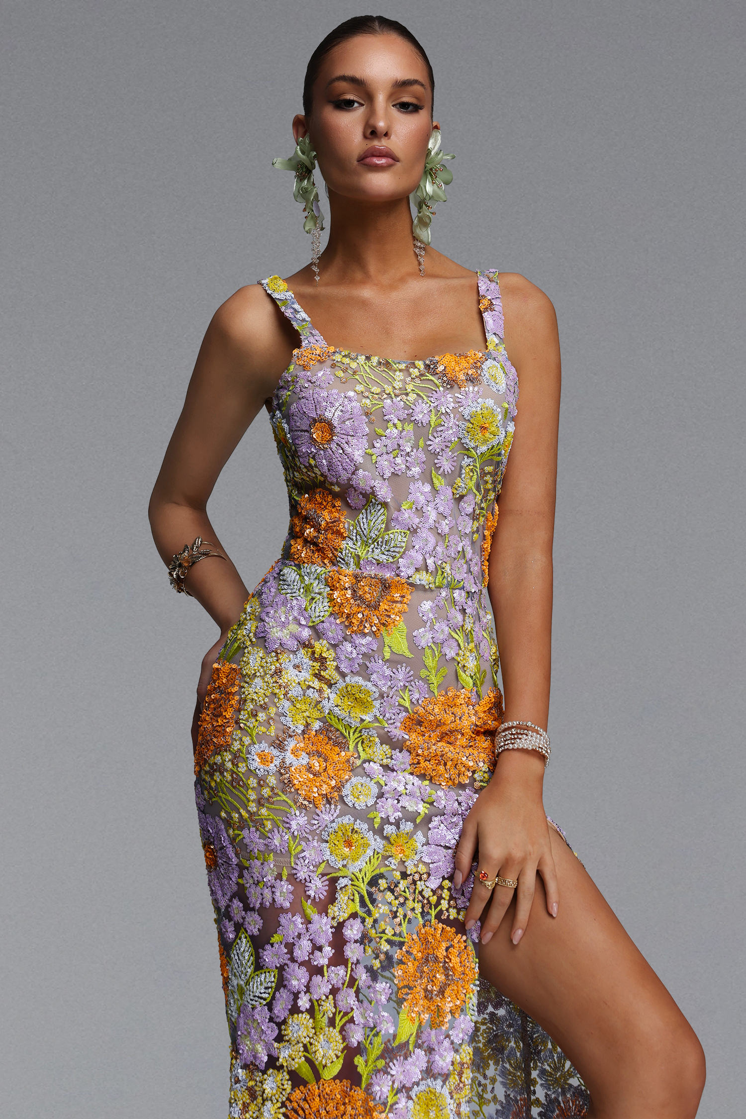 Larina Romantic Embellished Sequin Floral High Slit Maxi Dress