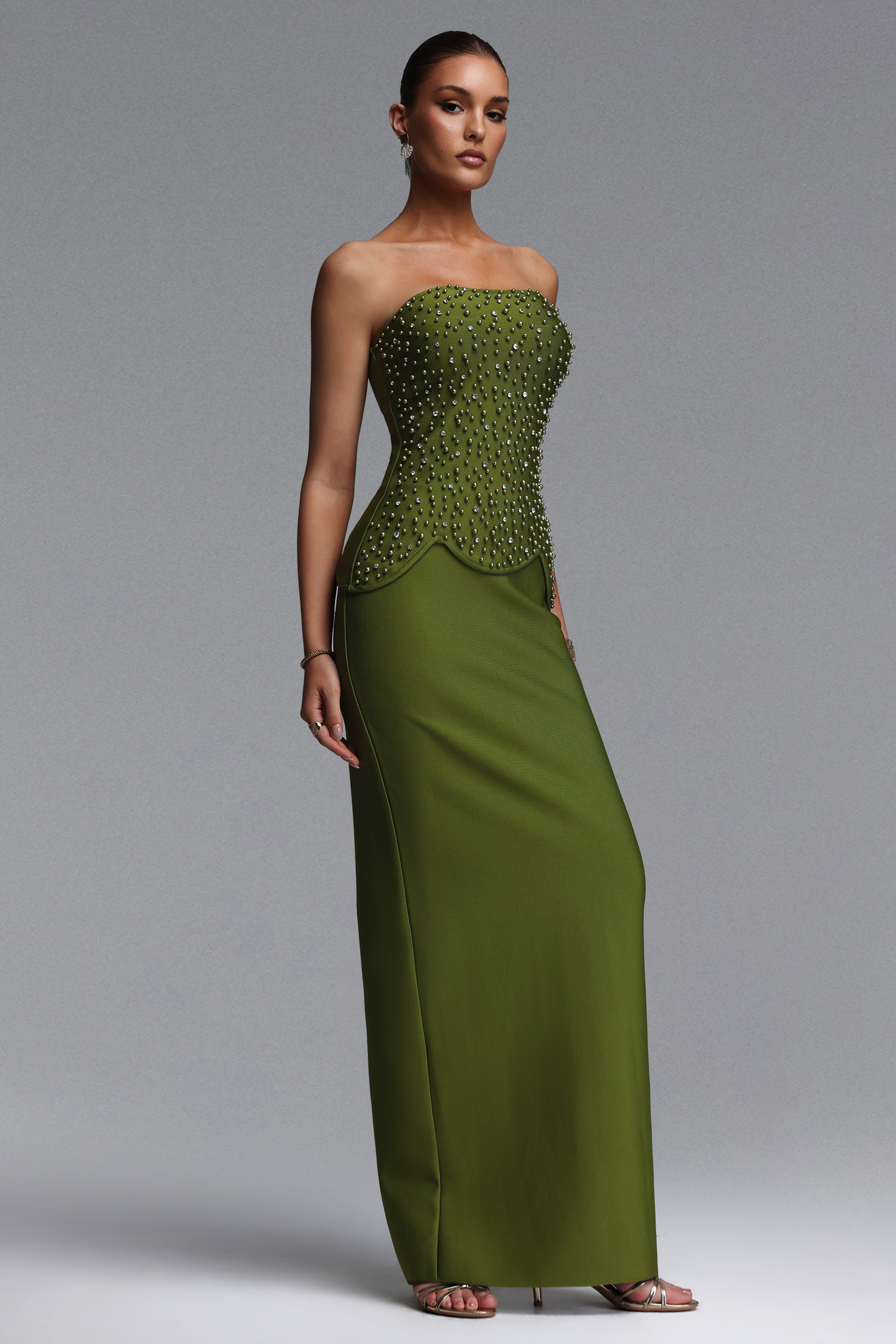 Yette Chic Contour Strapless Beaded Bandage Maxi Top and Skirt Set