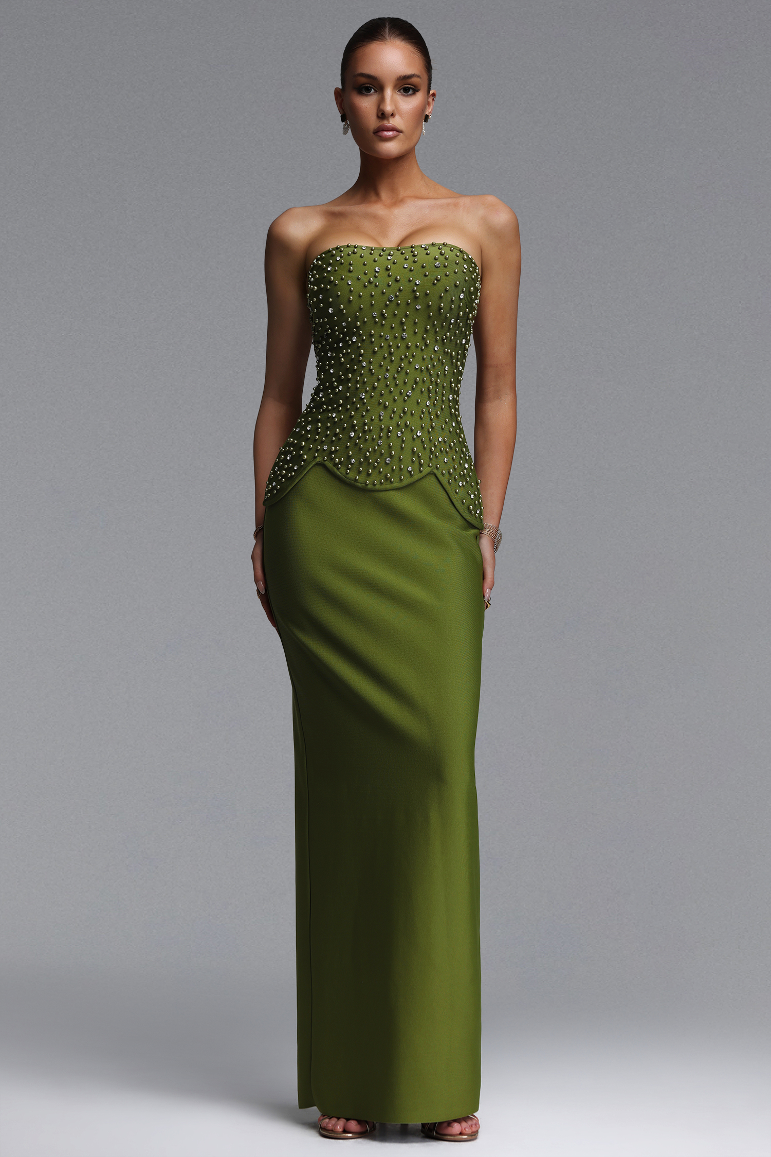 Yette Chic Contour Strapless Beaded Bandage Maxi Top and Skirt Set