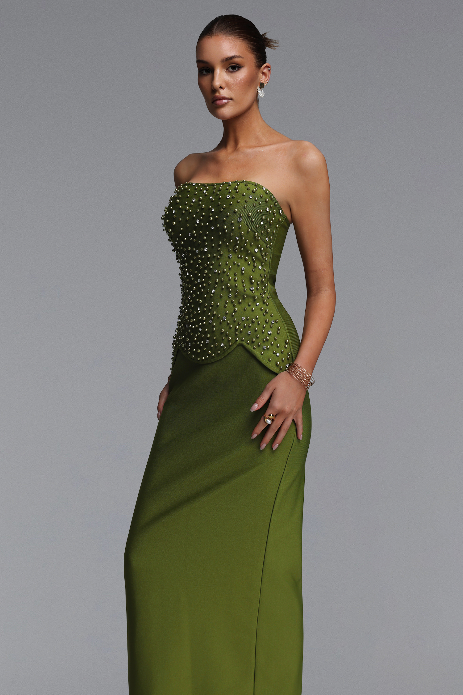Yette Chic Contour Strapless Beaded Bandage Maxi Top and Skirt Set