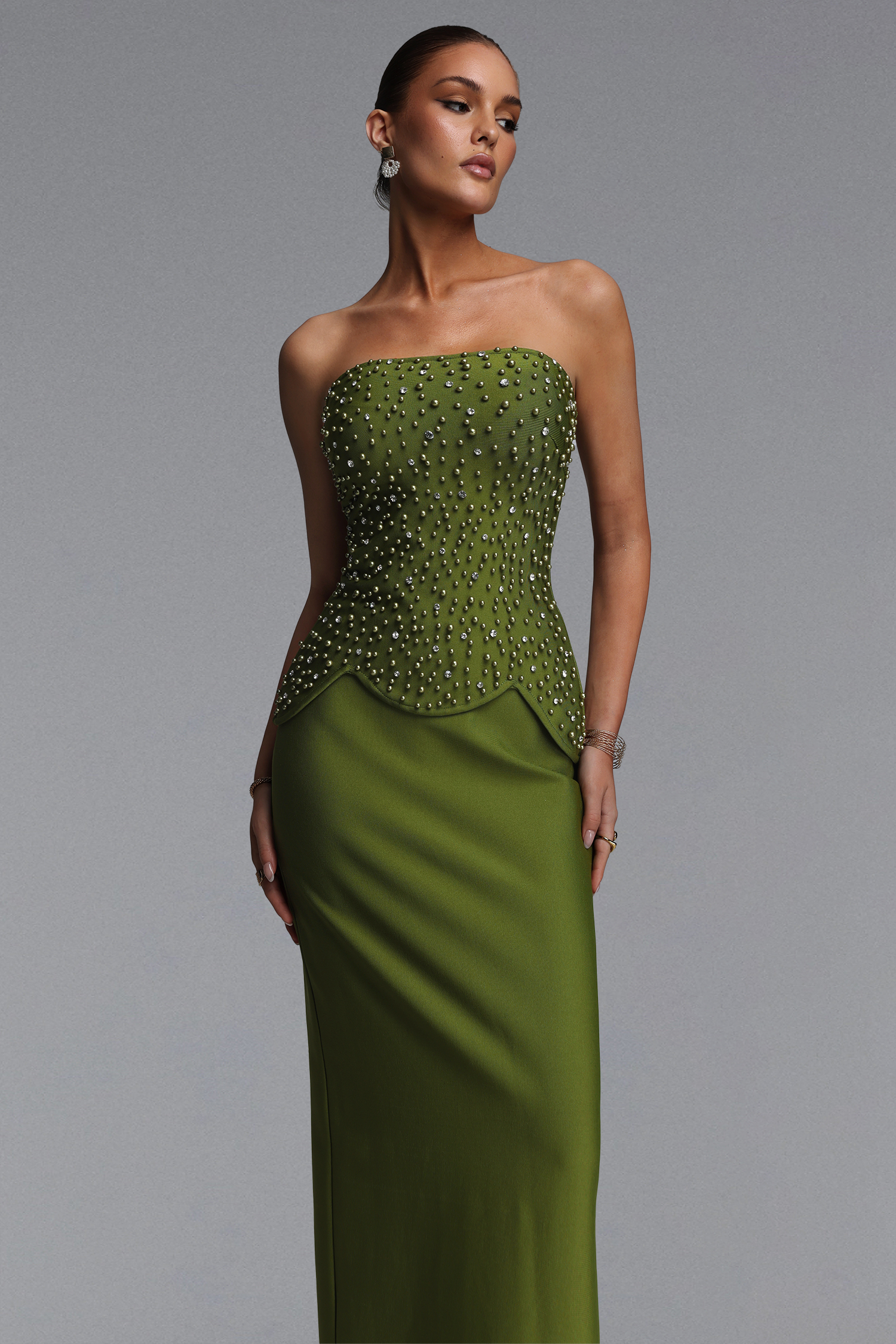 Yette Chic Contour Strapless Beaded Bandage Maxi Top and Skirt Set