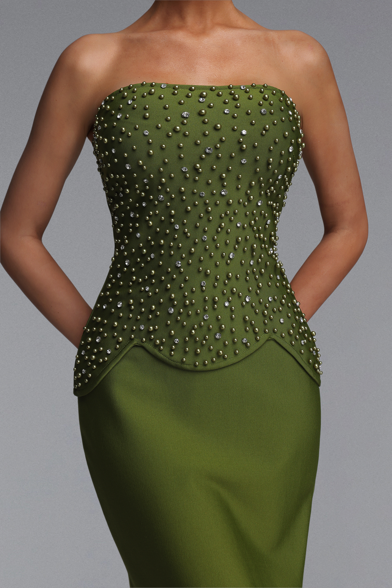 Yette Chic Contour Strapless Beaded Bandage Maxi Top and Skirt Set