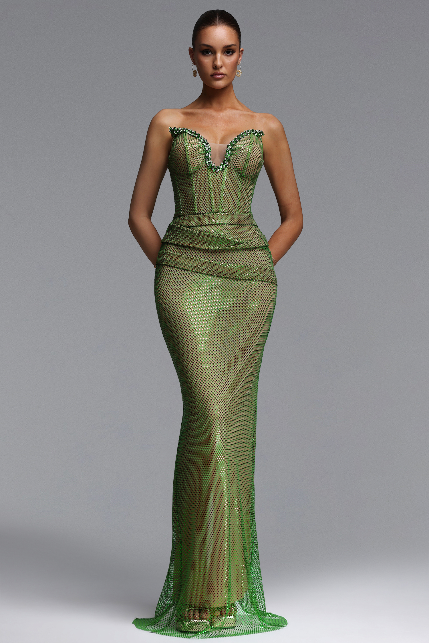 Kuhany Chic Contour Strapless Rhinestone Fish Net Maxi Dress