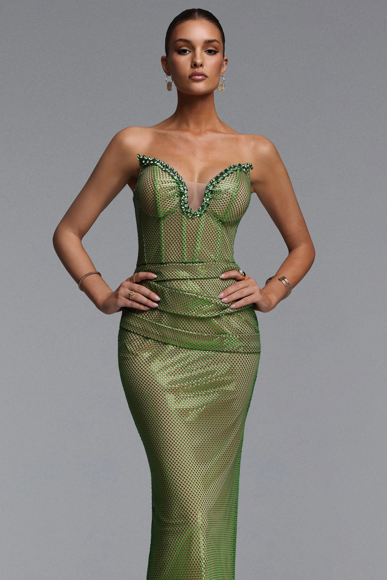 Kuhany Chic Contour Strapless Rhinestone Fish Net Maxi Dress