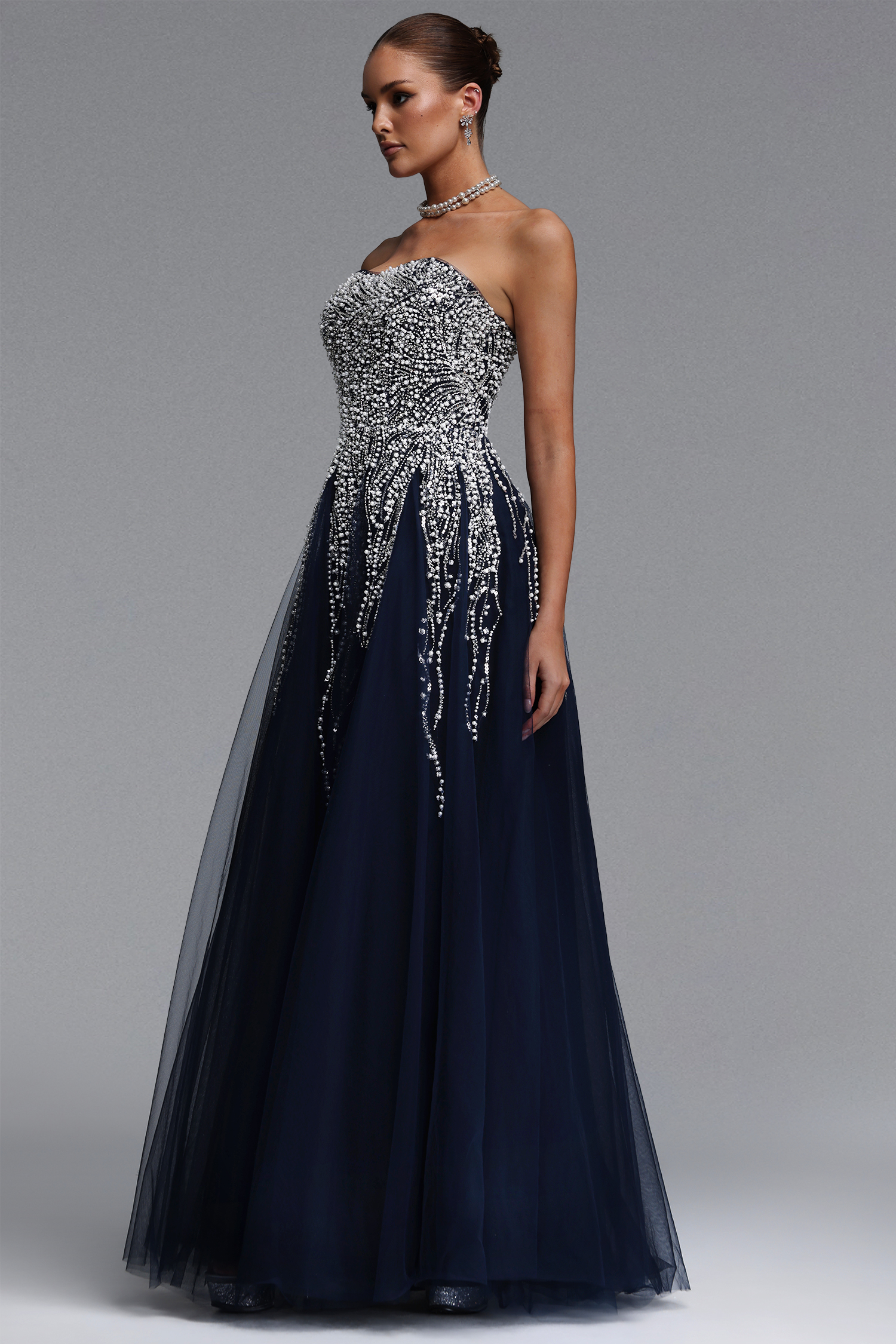 Soloma Glamorous Flowy Strapless Embellished Tulle Maxi Dress