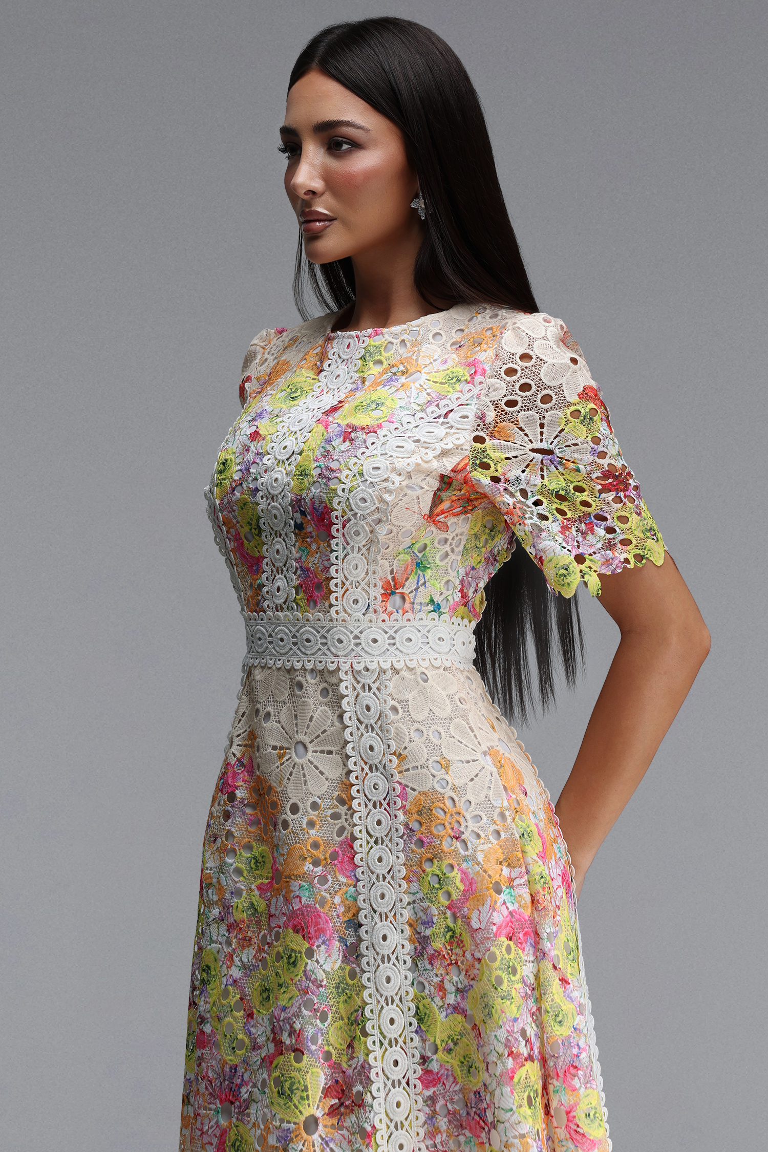Pillose Resort Cinched Round Neck Short Sleeve Floral Print Lace Yellow Maxi Dress