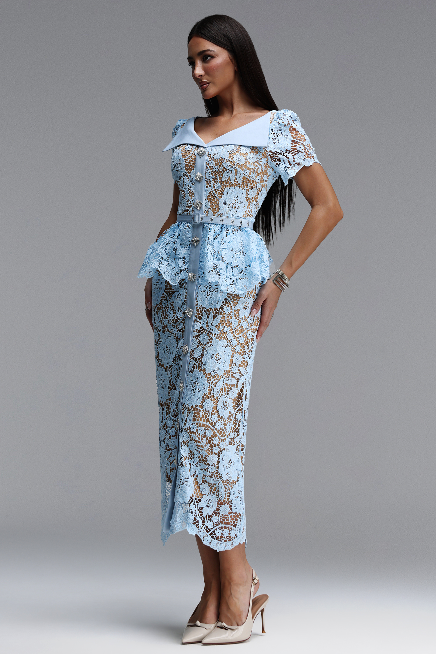 Quinn Elegant Cinched Short Sleeve Floral Lace Blue Maxi Dress