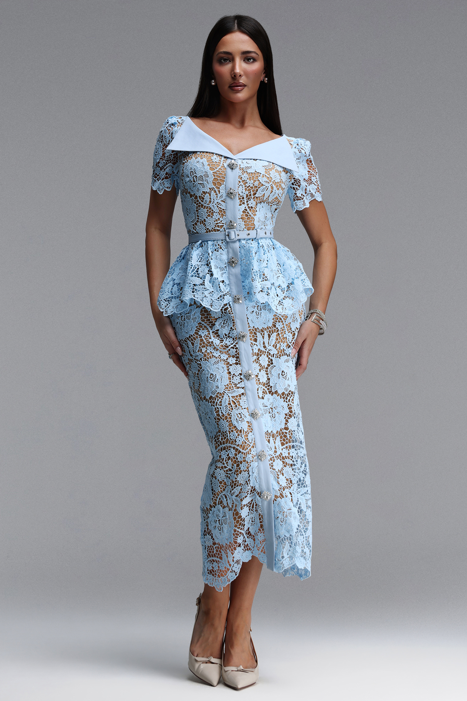 Quinn Elegant Cinched Short Sleeve Floral Lace Blue Maxi Dress