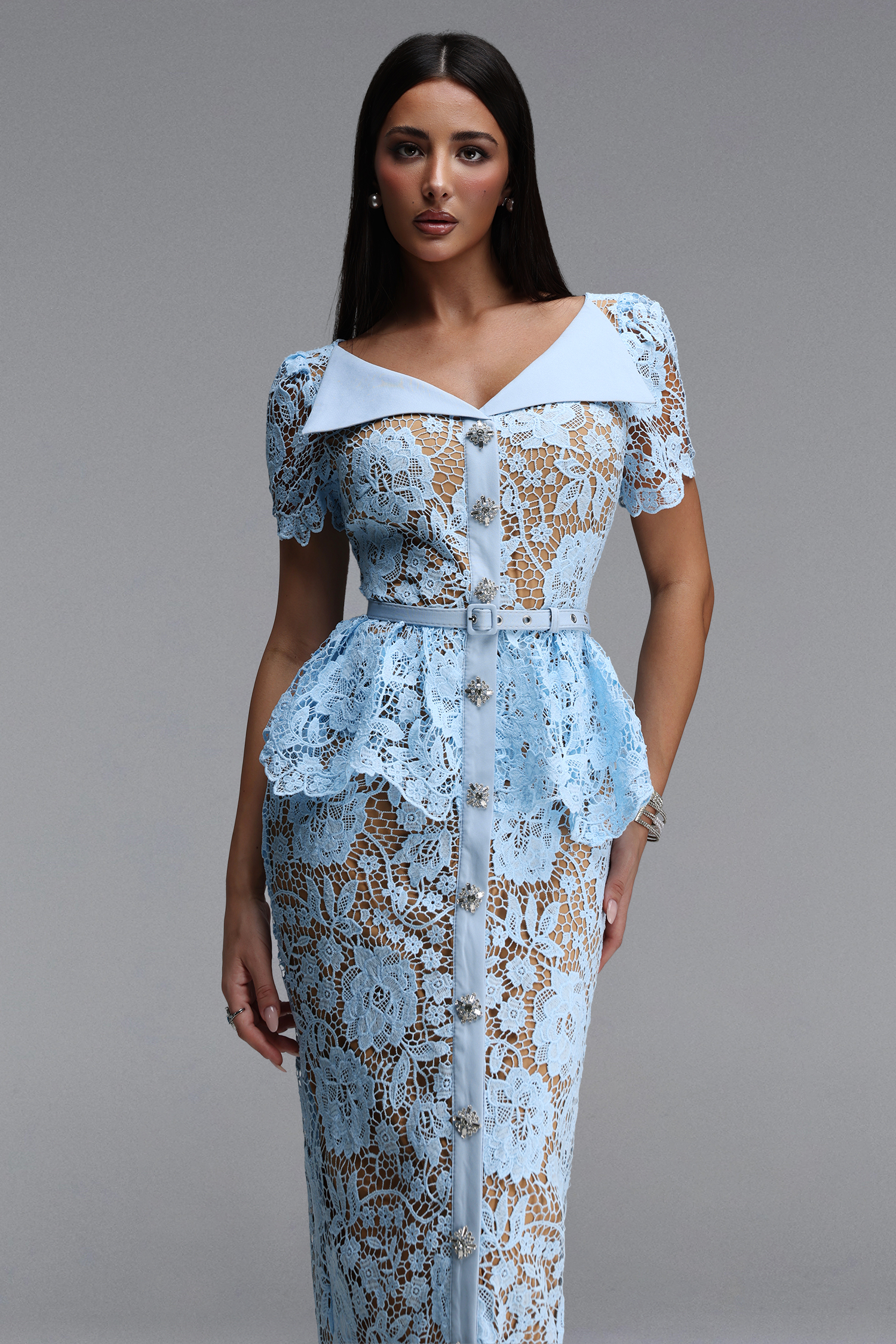 Quinn Elegant Cinched Short Sleeve Floral Lace Blue Maxi Dress