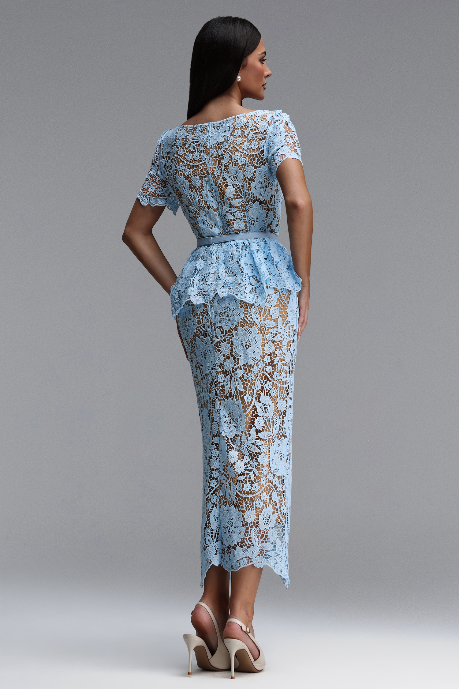Quinn Elegant Cinched Short Sleeve Floral Lace Blue Maxi Dress