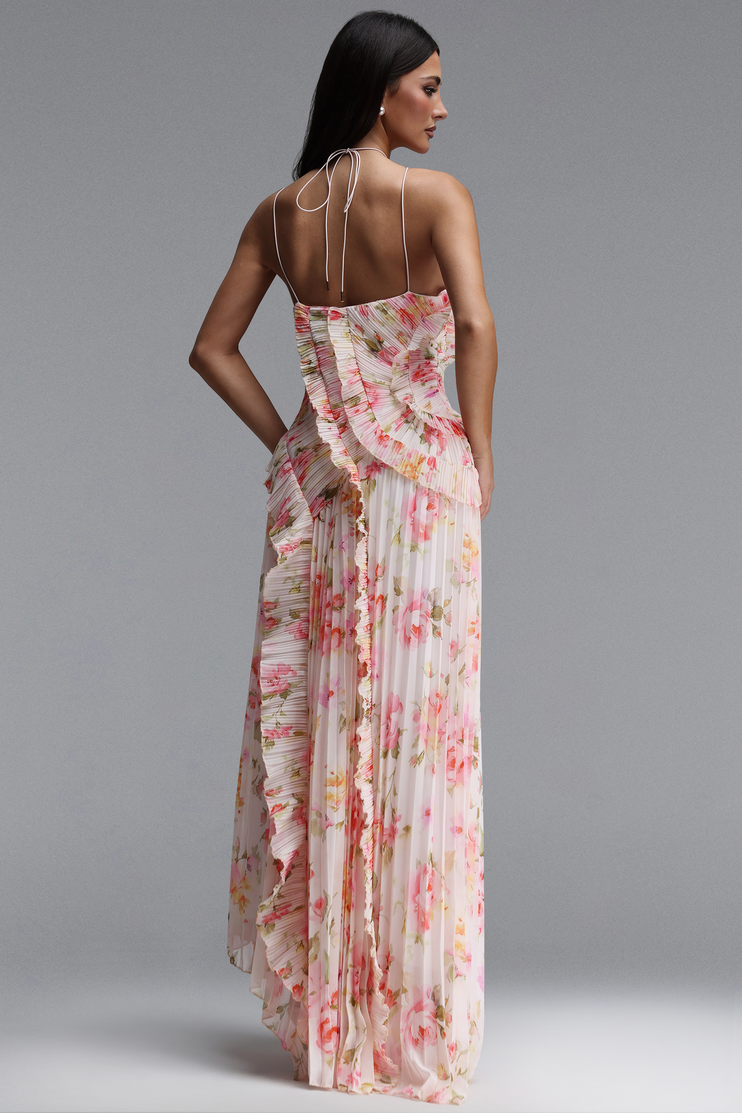 Elleri Resort Flowy Sleeveless Pleated Ruffle Floral Print Woven Maxi Dress
