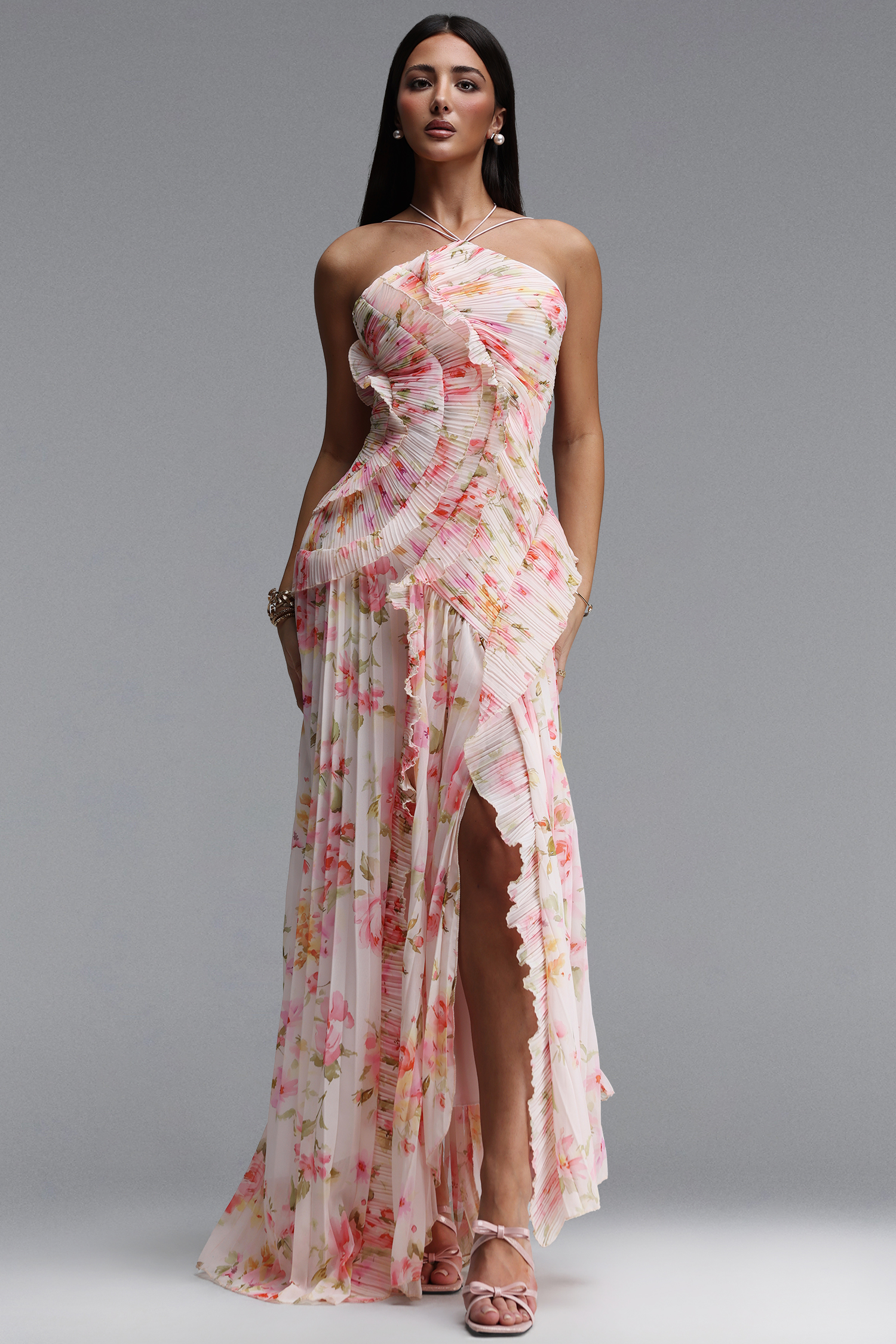 Elleri Resort Flowy Sleeveless Pleated Ruffle Floral Print Woven Maxi Dress